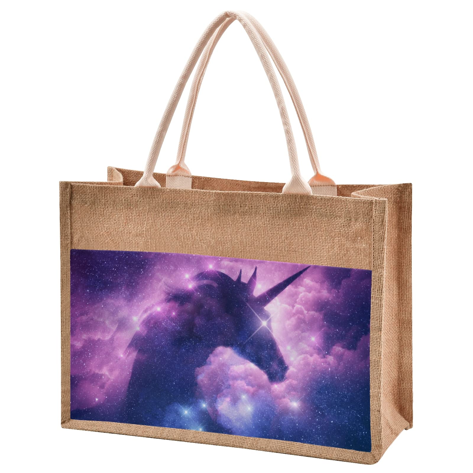 Galaxy Print Unicorn Silhouette Jute Tote Bag with Zipper - Reusable Eco-Friendly Burlap Shopping Bag with Handles for Women, Travel, Beach & Grocery Shopping