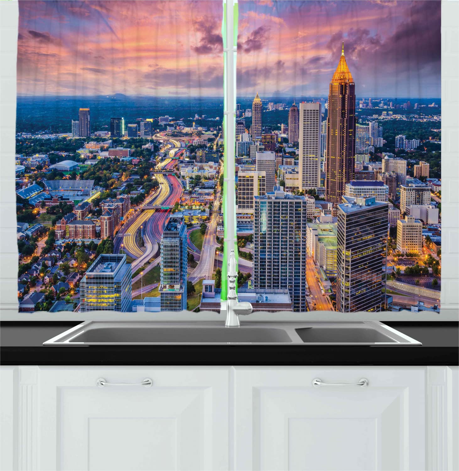 Ambesonne Modern Long Kitchen Curtains - Atlanta City Skyline Sunset View with Georgia Skyline, 2 Panel Rod Pocket Drapes, 55