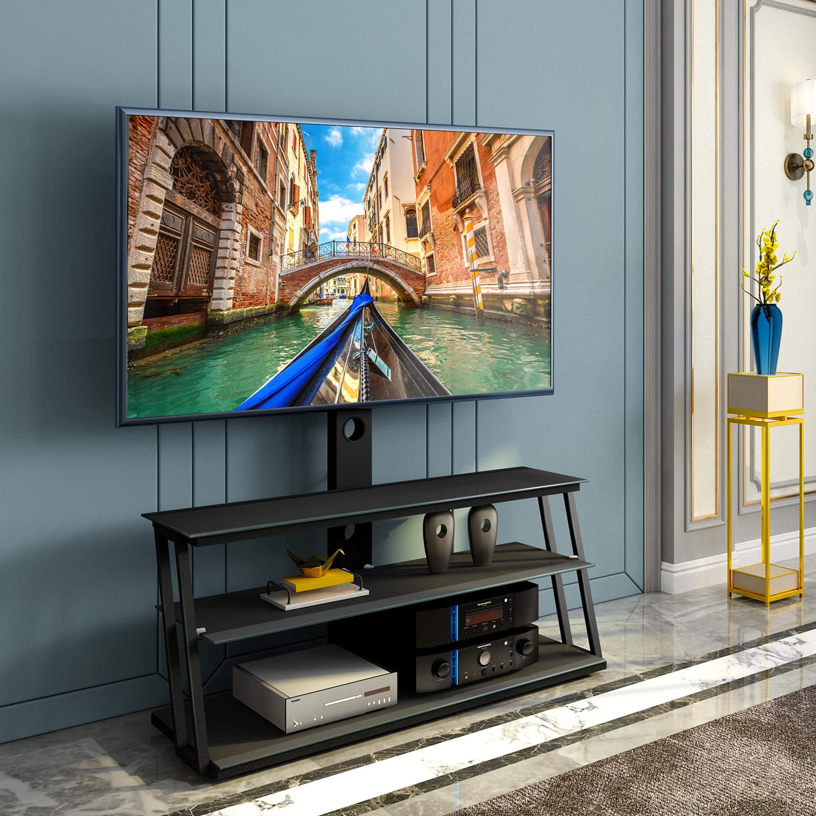 Adjustable Swivel TV Stand with Mount - 32 to 65 Inch Floor TV Stand with Tempered Glass & 3-Tier Shelves, Black - Perfect for Living Room, Bedroom, or Home Theater Setup