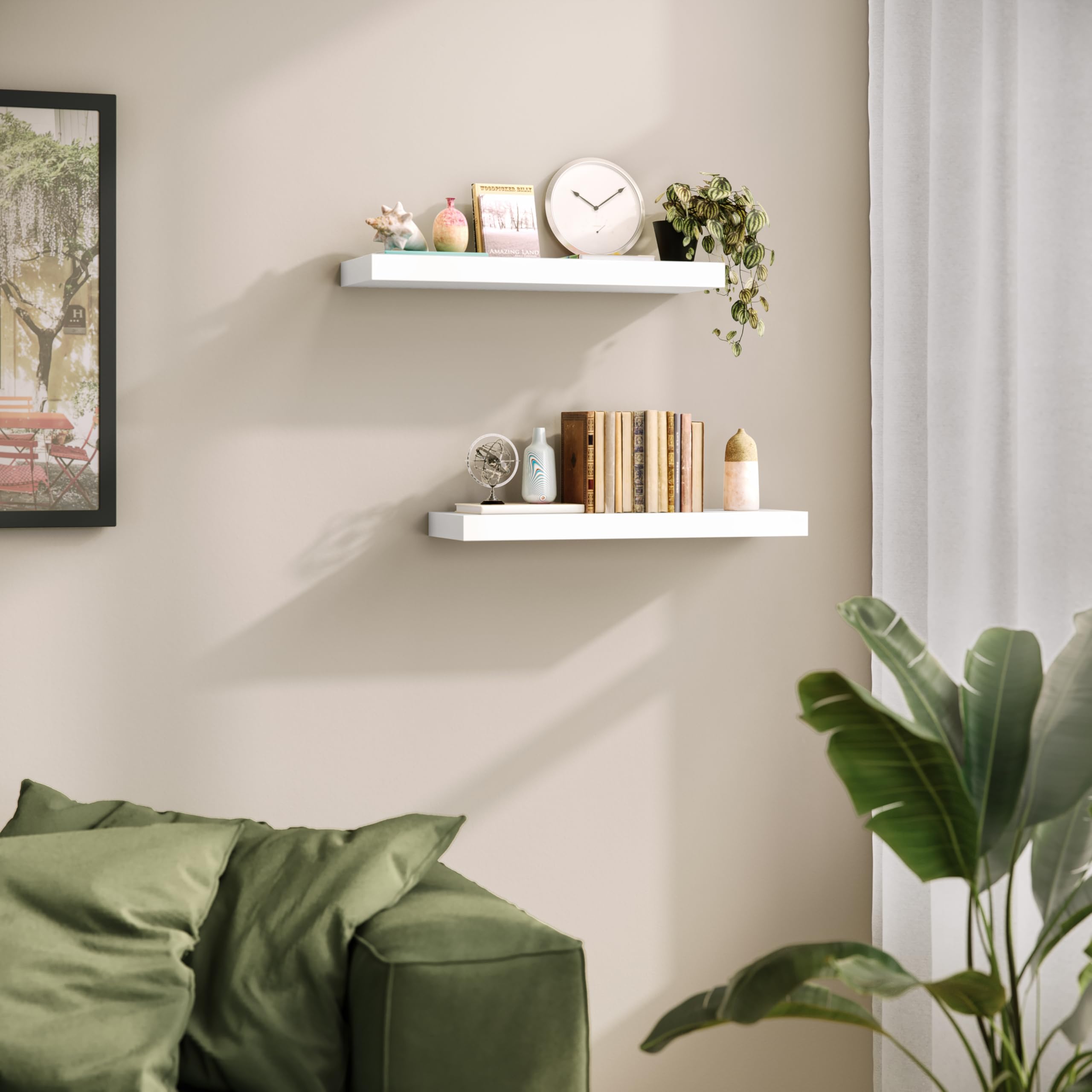 Ballucci Floating Shelves Set of 2 - 24 Inch White Wood Wall Shelves with Invisible Brackets - 6 Inch Depth - Perfect for Bathroom Storage, Living Room Decor, Bedroom Organization & Kitchen Display - Sturdy & Stylish Home Shelving Solution