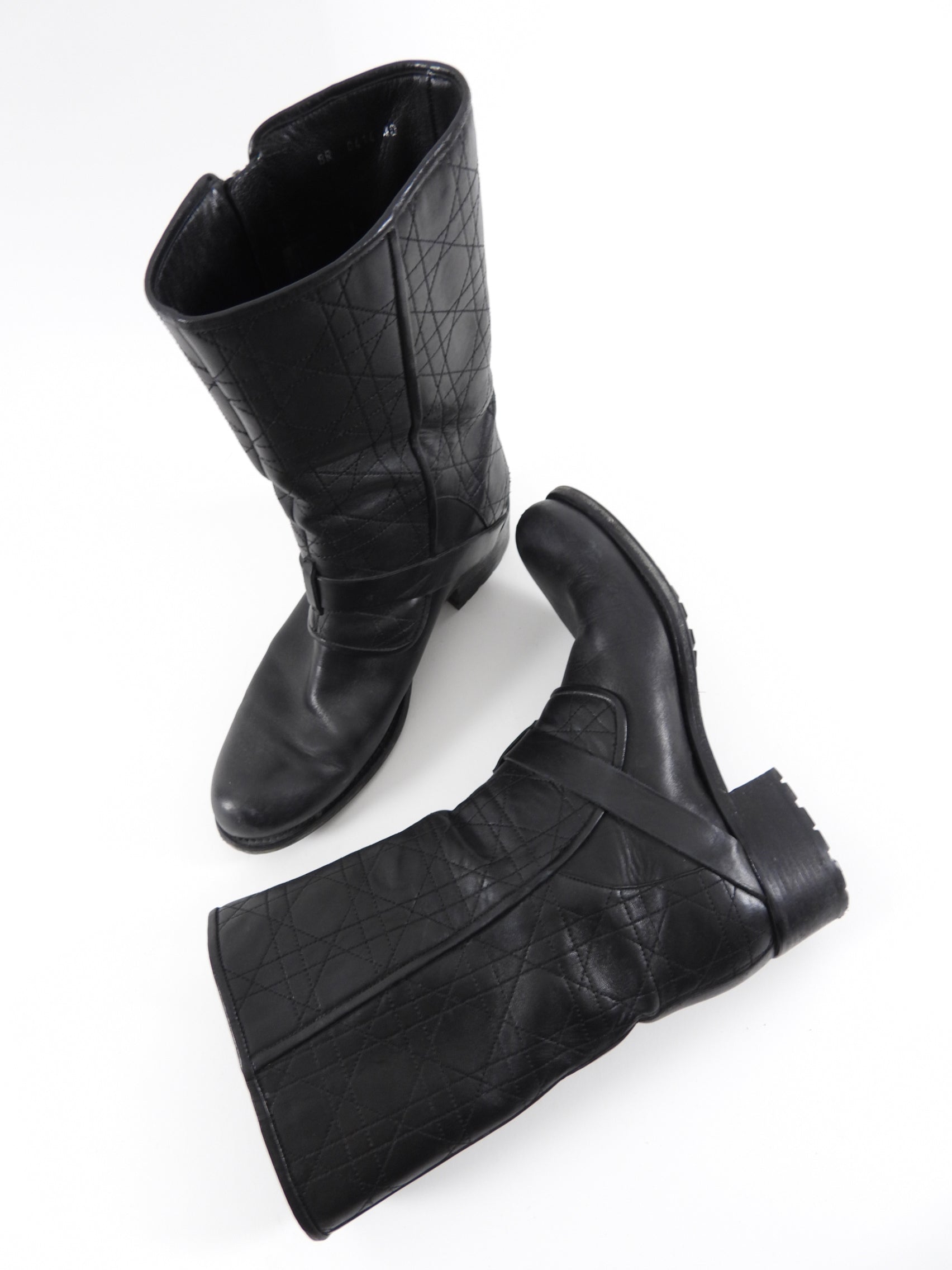 Christian Dior Black Leather Cannage Moto Boots Women's Size FR40 (US 10) - Stylish Knee-High Riding Boots for Fashion, Parties & Winter Outfits