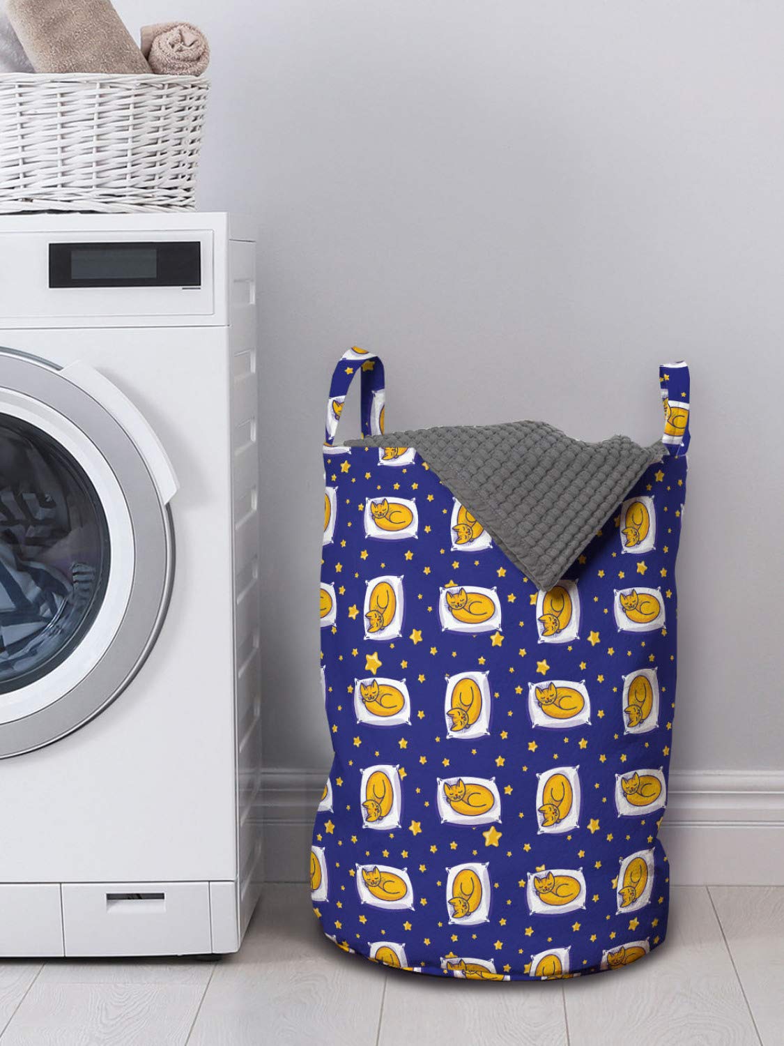 Ambesonne Cats Laundry Bag with Handles - Starry Night Sleeping Cats Design, 13