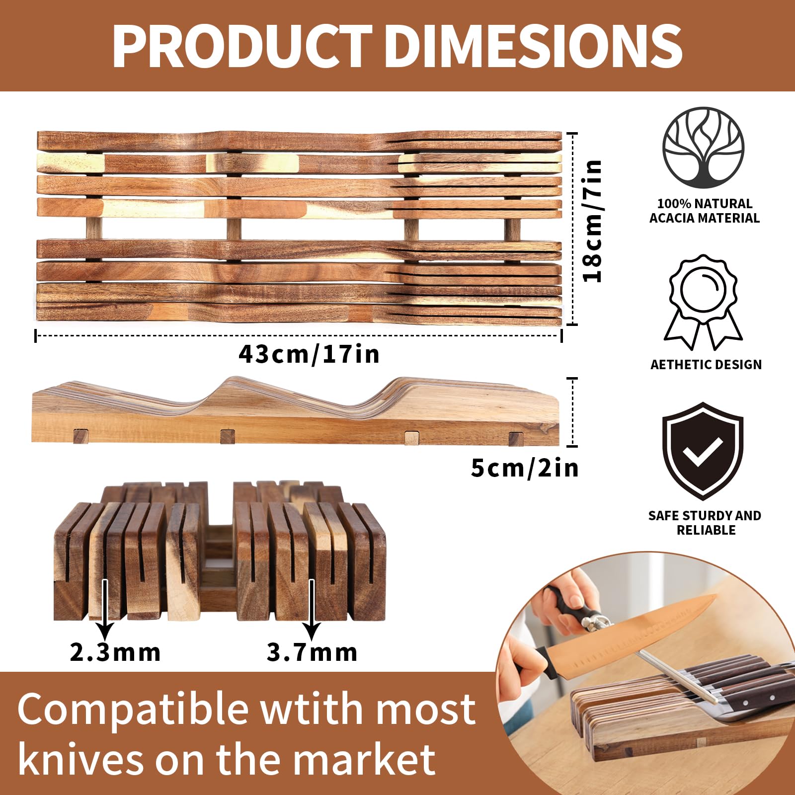 Premium Acacia Wood Knife Drawer Organizer - Holds 16 Knives & Honing Steel (Not Included) - Space-Saving Kitchen Knife Storage for Steak Knives, Chef Knives, Paring Knives - Washable & Durable - Perfect for Home Kitchens, Restaurants & RV Cooking