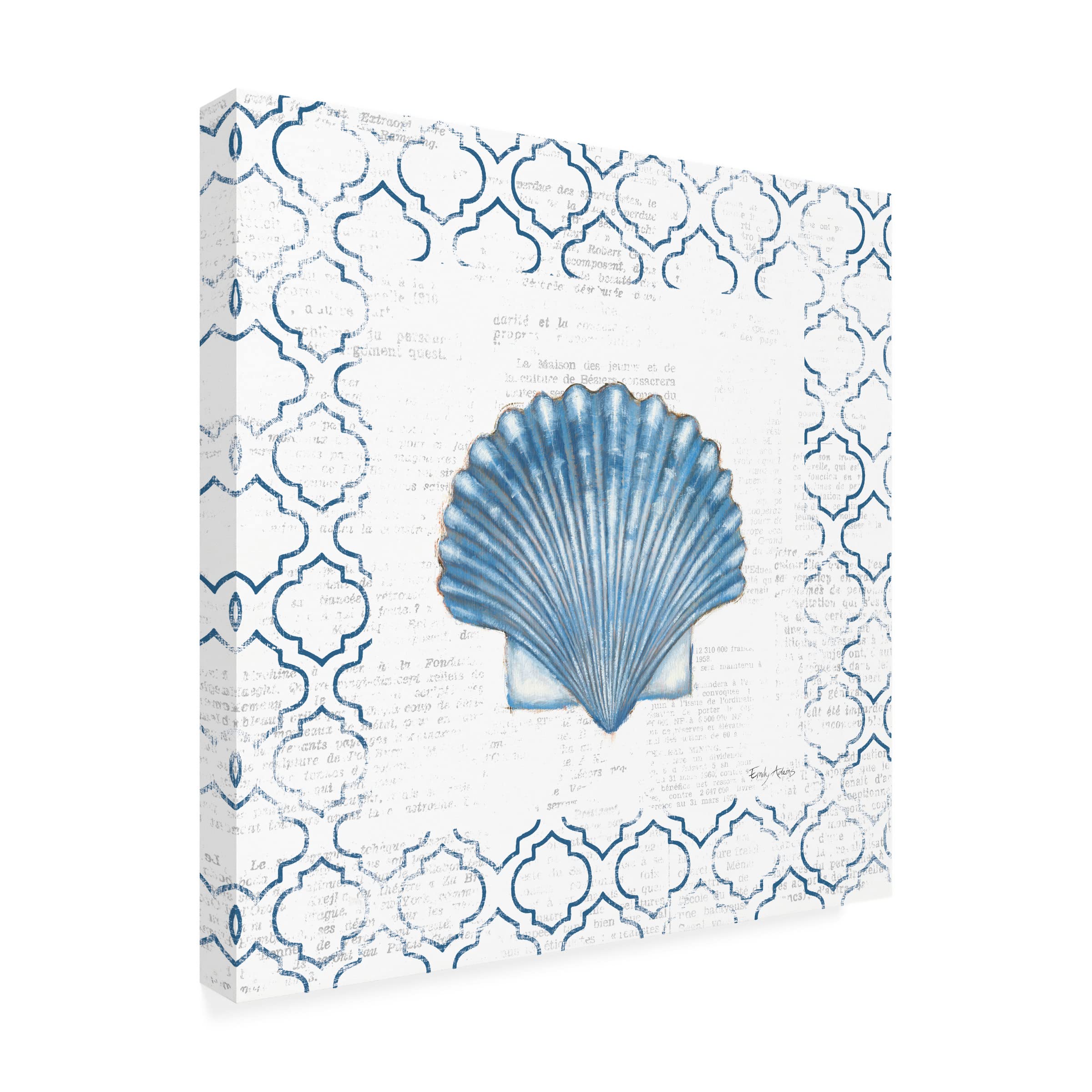 Emily Adams Navy Scallop Shell on Newsprint Canvas Art Print - Coastal Beach House Wall Decor for Living Room, Bedroom & Office