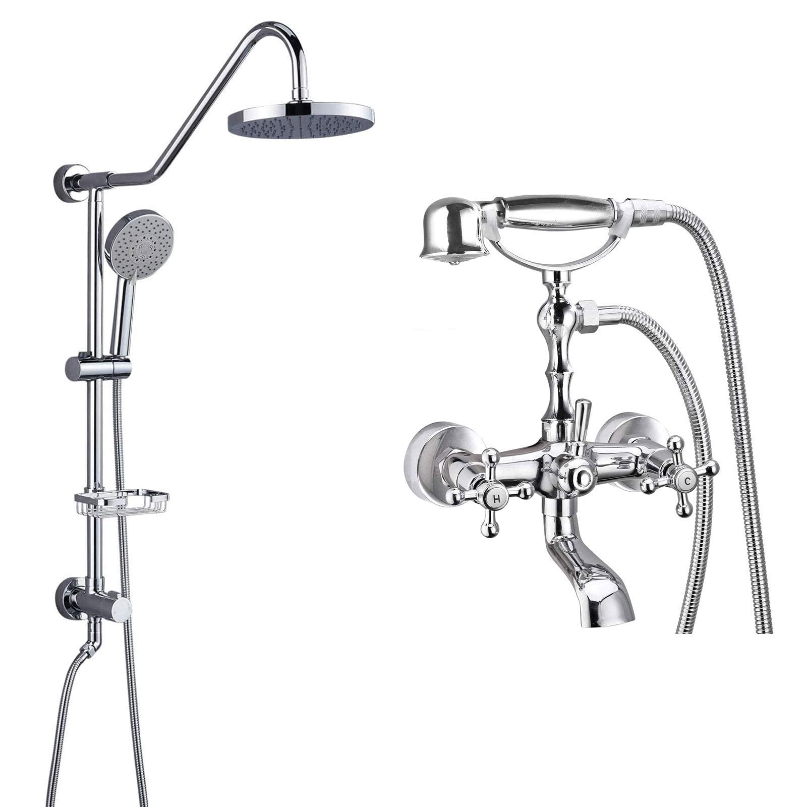 Aolemi Polished Chrome Retrofit Shower System - Matching Bathtub Faucet with Handheld Sprayer, Wall Mount Showerhead - Perfect for Bathroom Renovation & Modern Home Upgrade