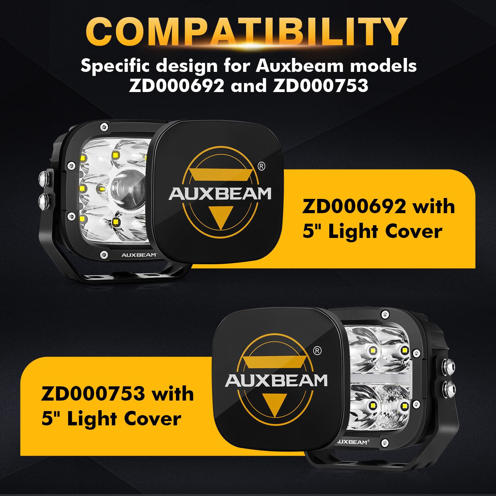 Auxbeam 5-Inch Black Cube Off-Road Light Covers - Protective Lens Cap for Square Light Pods, Light Bar Shades - Fits Trucks, Jeeps, Cars, Motorcycles, ATVs & UTVs (Pair) - Perfect for Off-Roading, Night Driving & Bumper/A-Pillar Protection