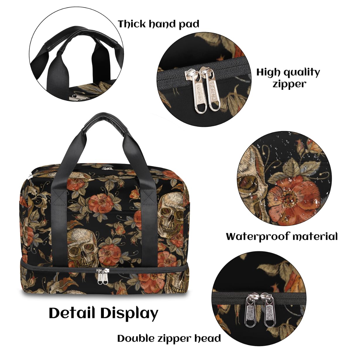 Skull Print Duffel Bag - Skeleton Flower Gym Tote with Wet Pocket & Shoe Compartment - Waterproof Travel Carry On Luggage for Men & Women - Perfect for Gym, Sports, Weekend Trips & Overnight Travel