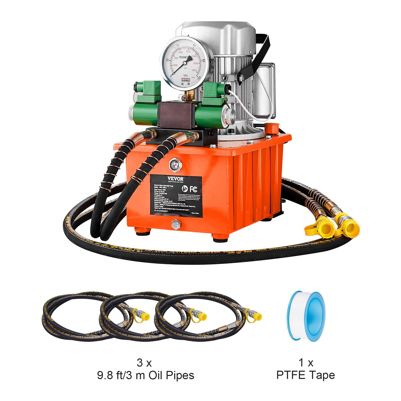 VEVOR 8L Hydraulic Power Pack Unit - Double Acting Solenoid Valve, 488 in³ Capacity, Electric Driven with Foot Pedal Switch for Punch Press, Metal Bending & Hydraulic Jack - Heavy Duty Industrial Use (Orange)