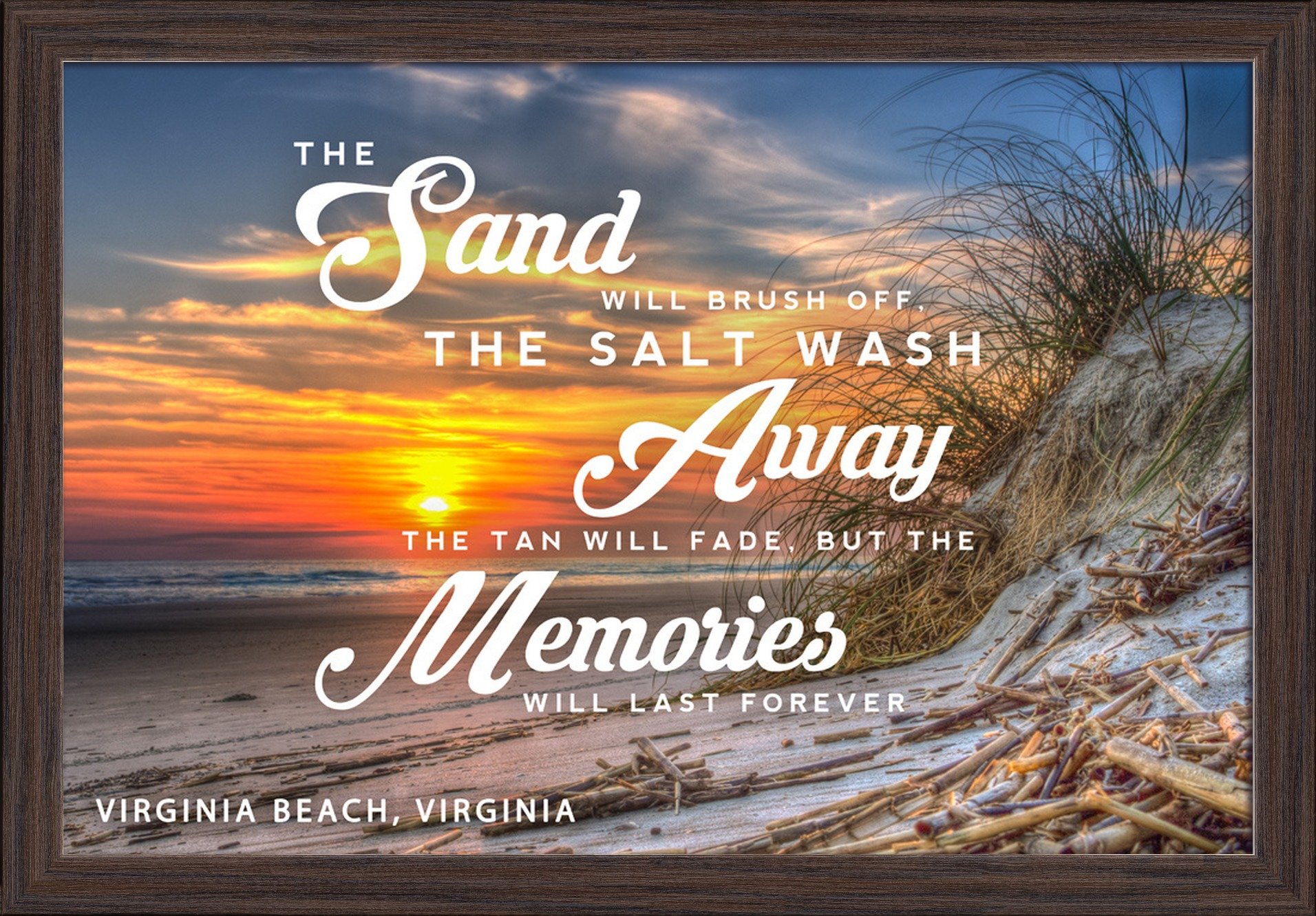 Virginia Beach Sunset Fine Art Print - 16x24 Giclee on Recycled Wood Frame in Espresso Brown - Coastal Wall Decor for Living Room, Bedroom & Office