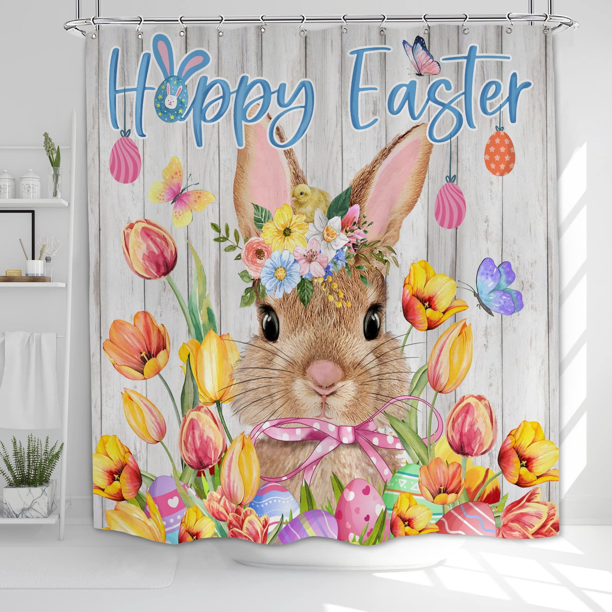 Easter Shower Curtain - Waterproof Bunny & Eggs Design Bathroom Decor - 71x71 Inch Spring Holiday Fabric Shower Curtain with Hooks - Perfect for Easter Home Decor & Seasonal Bathroom Upgrades