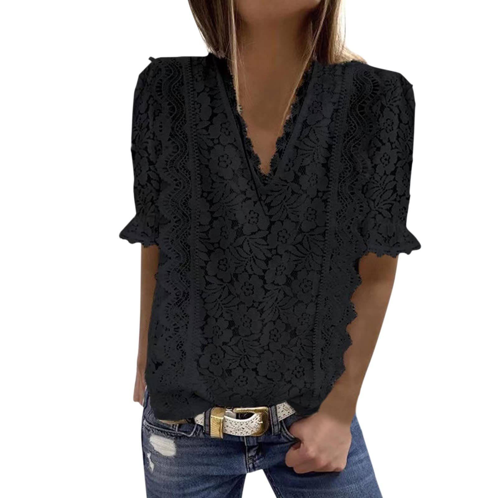 Women's Lace V-Neck Tunic Tank Top - Casual Short Sleeve Blouse for Hiking, Travel & Summer Outfits | Breathable & Stylish Outdoor Wear