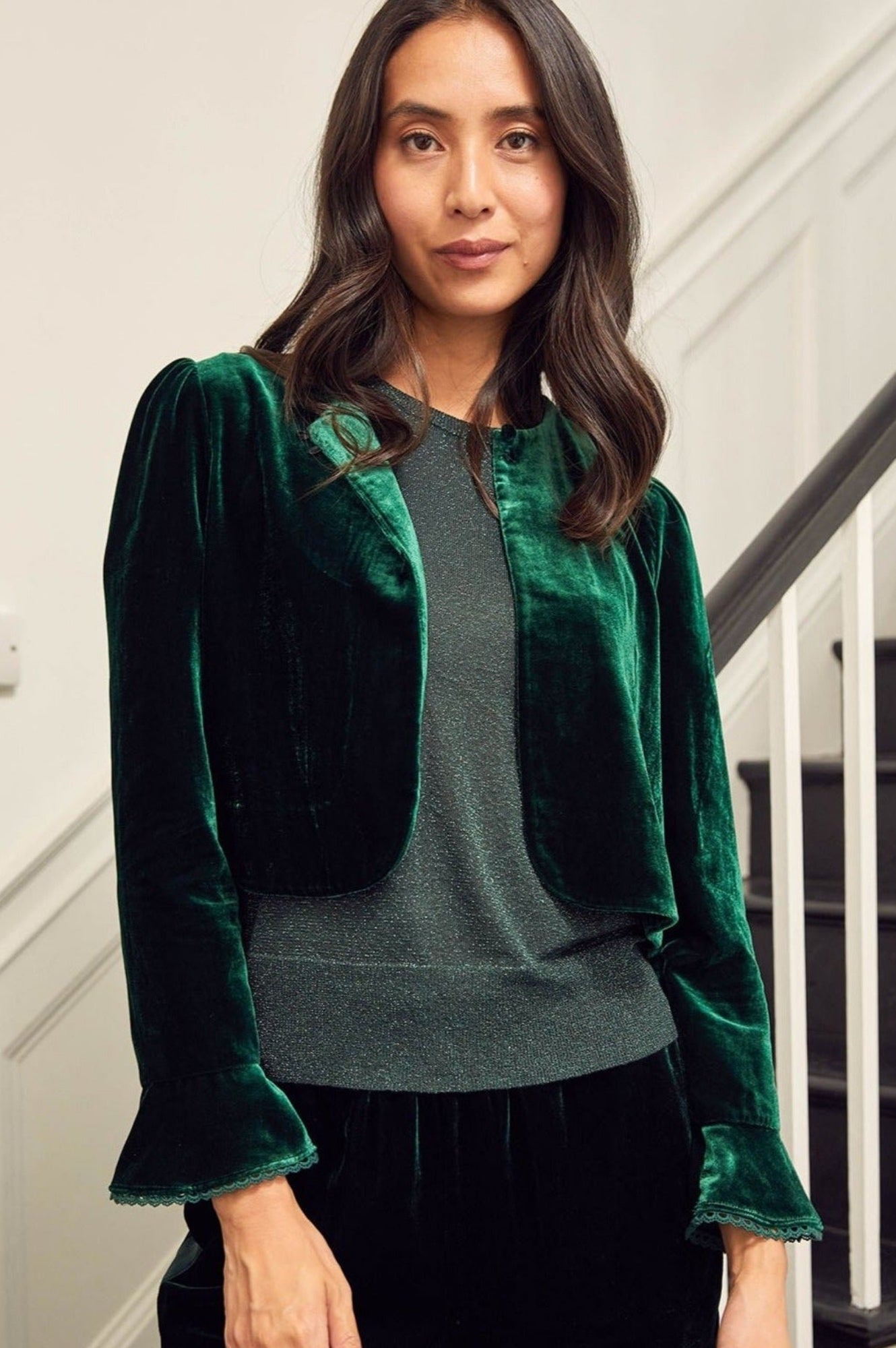 Emerald Green Velvet Shrug for Women - Elegant Long Sleeve Bolero Jacket for Evening Wear, Wedding, Party & Special Occasions