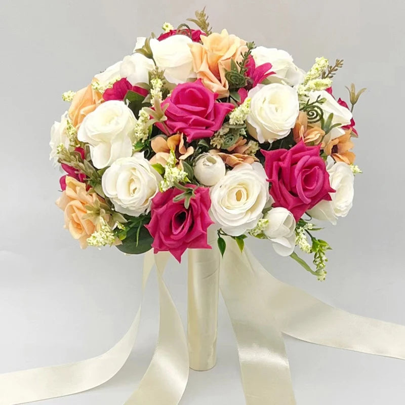 Artificial Silk Rose Wedding Bouquet with Satin Ribbon - Elegant Bridal Bouquet for Wedding, Bridal Shower, Anniversary & Home Decor