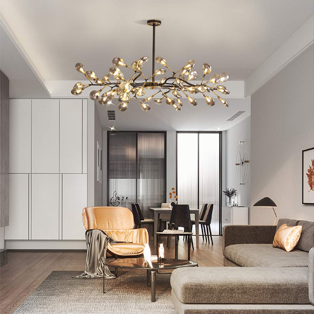 54-Lights Adjustable Black Metal Industrial Sputnik Chandelier with Chrome Finish & Lollipop Glass Shades - Modern Ceiling Light for Kitchen, Dining Room, Bar or Living Room Decor