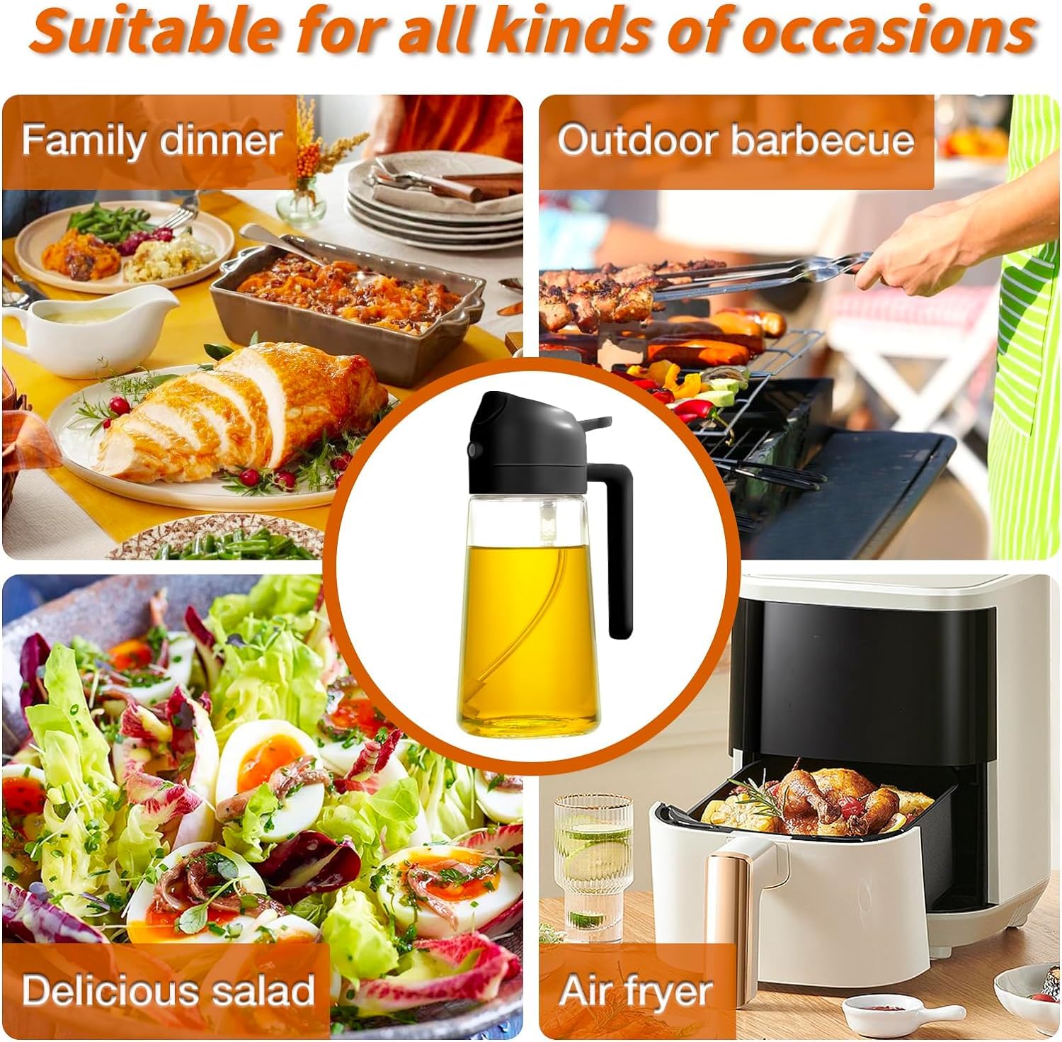 Premium KELVEE 2-in-1 Oil Sprayer & Olive Oil Dispenser - 16oz/470ml Glass Kitchen Oil Bottle for Healthy Cooking | Food-Grade Oil Mister for Air Fryer, Salad, Frying, BBQ | Perfect for Home Chefs & Meal Prep