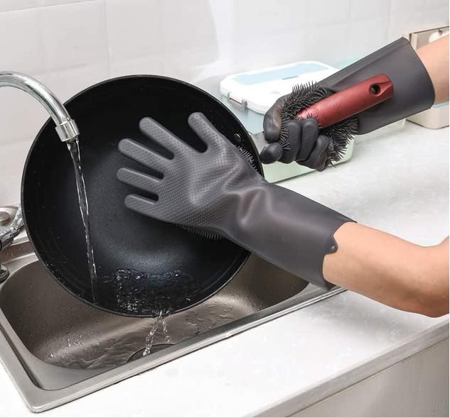 DHONI Multipurpose Cleaning Gloves for Kitchen, Dishwashing, Housework & Cars - Durable Rubber Scrubbing Gloves with Sponge Brush (Grey, Pack of 1) - Perfect for Washing Utensils, Car Detailing & Household Chores