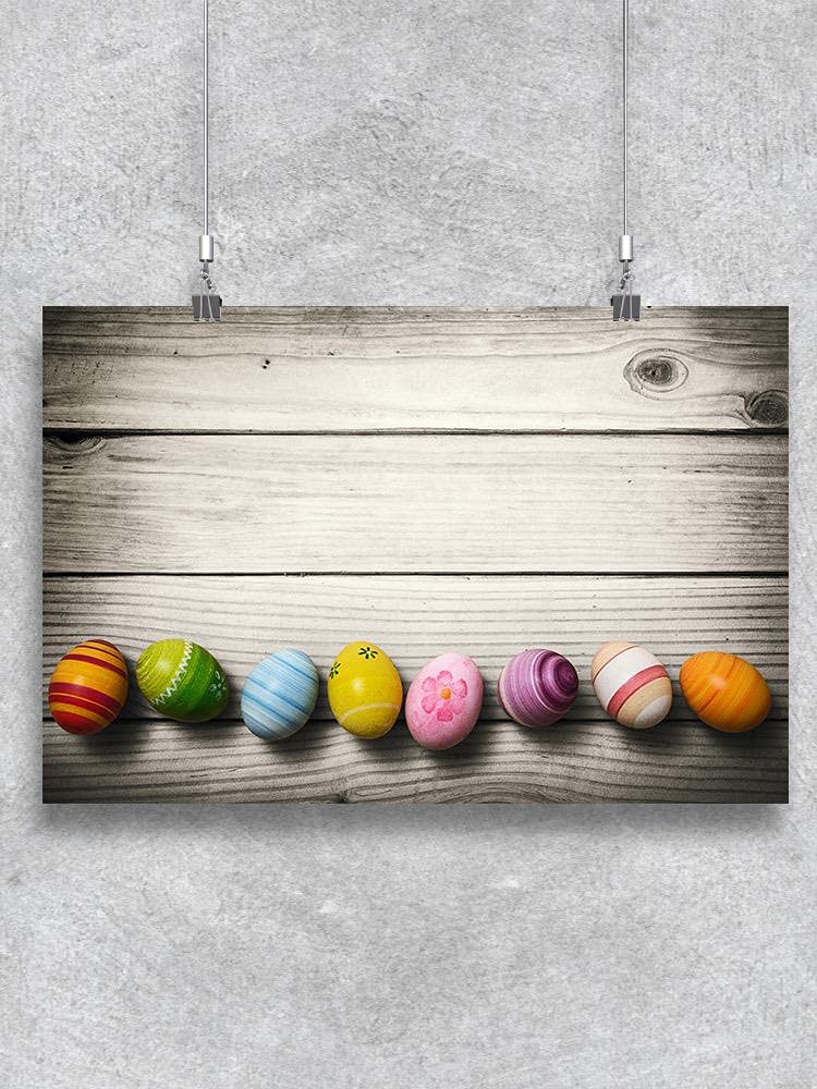 Vibrant Easter Eggs on Wooden Poster - Perfect for Spring Decor, Easter Party, and Home Wall Art