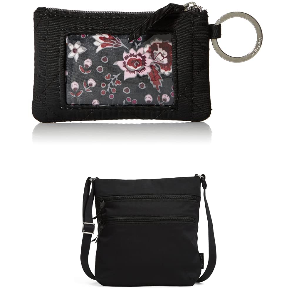 Vera Bradley Women's Performance Twill Zip ID Wallet & Triple Zip Hipster Crossbody Bag Set - Black (Recycled Cotton) - Perfect for Travel, Work and Everyday Use
