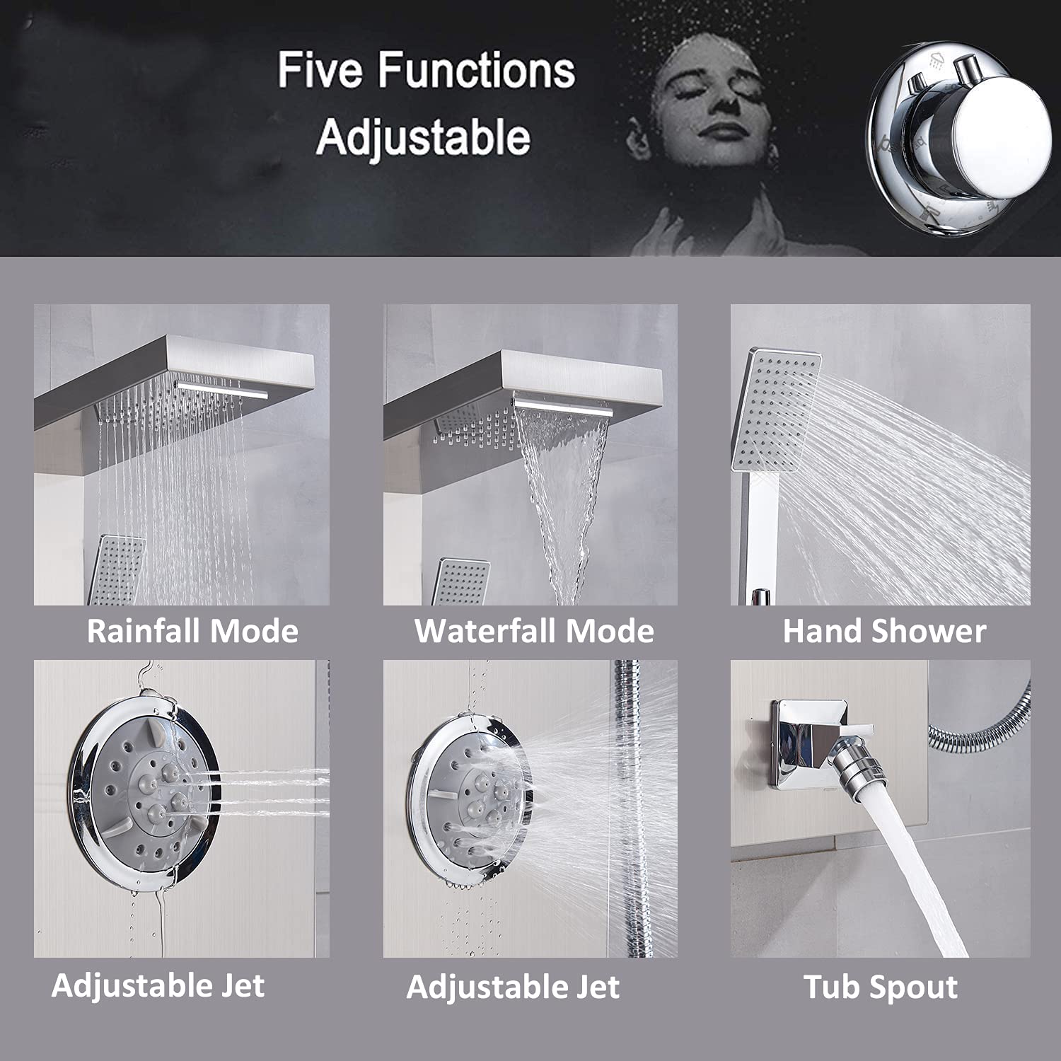 Multi-Function Shower Panel Tower System - Wall Mounted Rainfall Waterfall Shower Column with Massage Jets & Handheld Shower Head in Brushed Nickel | Perfect for Luxury Bathroom, Spa-Like Experience & Modern Home Upgrade