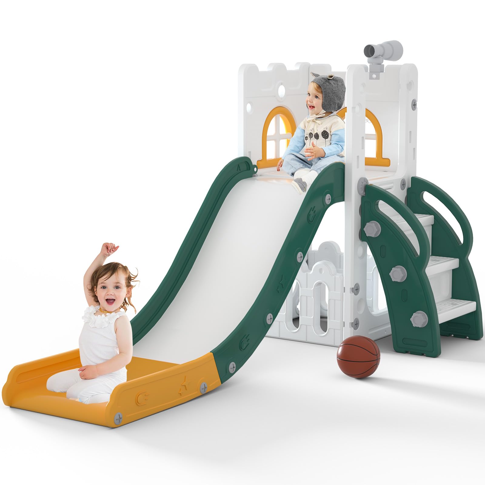 MOCUTEEN 6-in-1 Toddler Slide & Playset with Basketball Hoop, Storage, Telescope - Indoor/Outdoor Climbing Toys for Kids | Perfect for Backyard, Playroom & Preschool Playground Activities