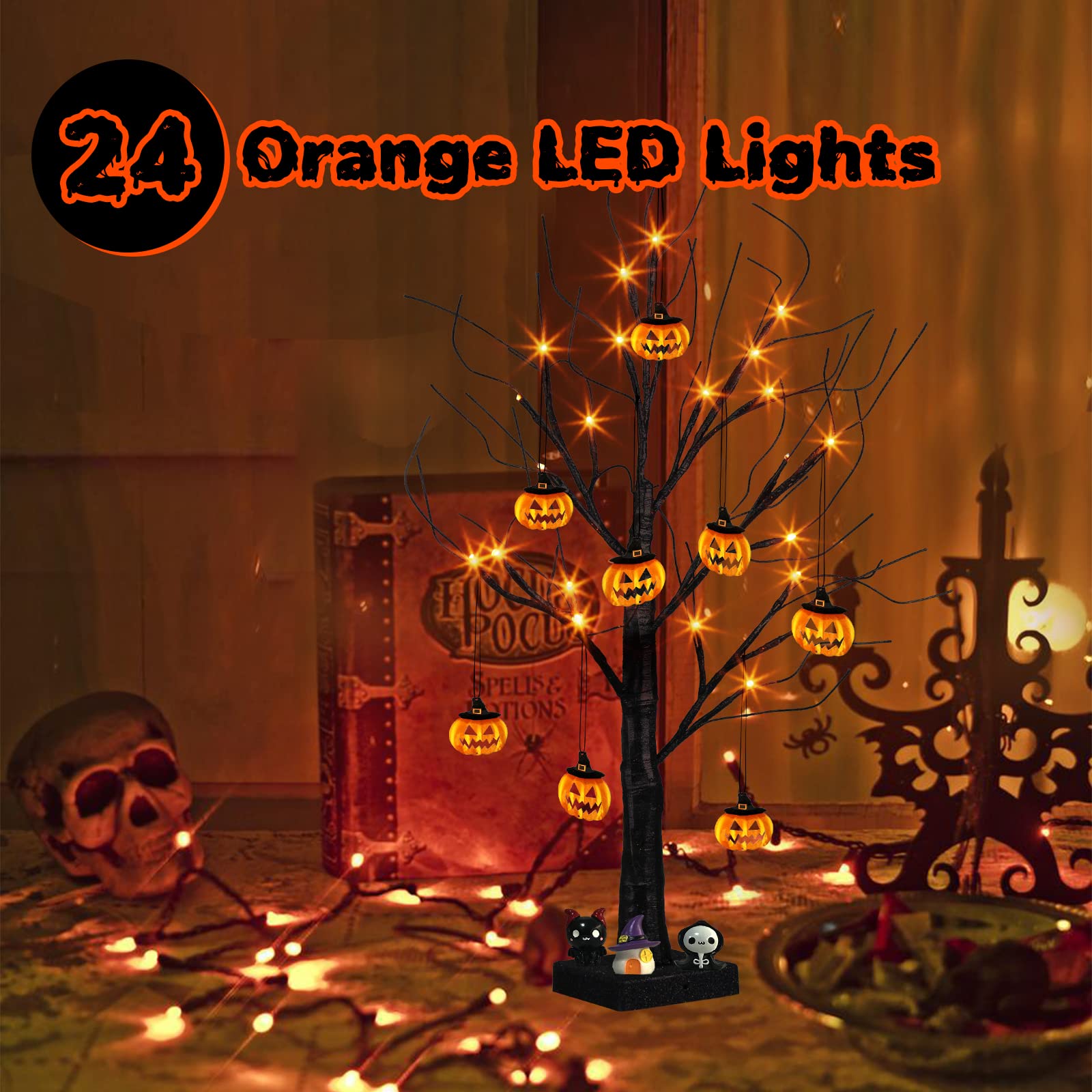 PEIDUO 2FT Halloween Tree with 24 Orange LED Lights & 8 Pumpkin Ornaments - Battery Powered Black Halloween Decor with Timer - Perfect for Indoor Home, Desk, Table, and Party Decorations
