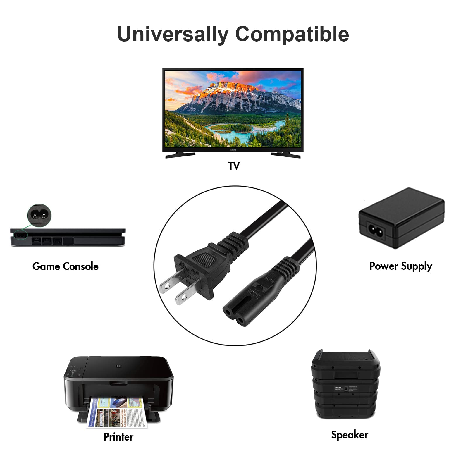 Xbox Series S/X, Xbox One S/X, PS5, PS4 Slim, PS3 Slim Replacement AC Power Cord - Universal Gaming Console Power Cable for Home Entertainment Setup