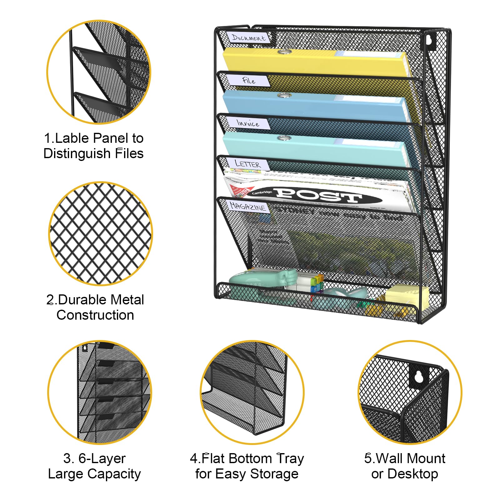 6-Tier Mesh Hanging Folder Organizer - Wall Mount File & Paper Organizer for Office & Home - Black - Perfect for Mail Sorting, Document Storage & Workspace Organization