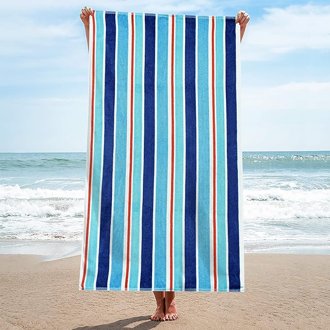 Ocean Stripe Oversized Cotton 4-Piece Beach Towel Set - Soft, Absorbent & Quick-Drying for Pool, Beach, Vacation & Outdoor Activities