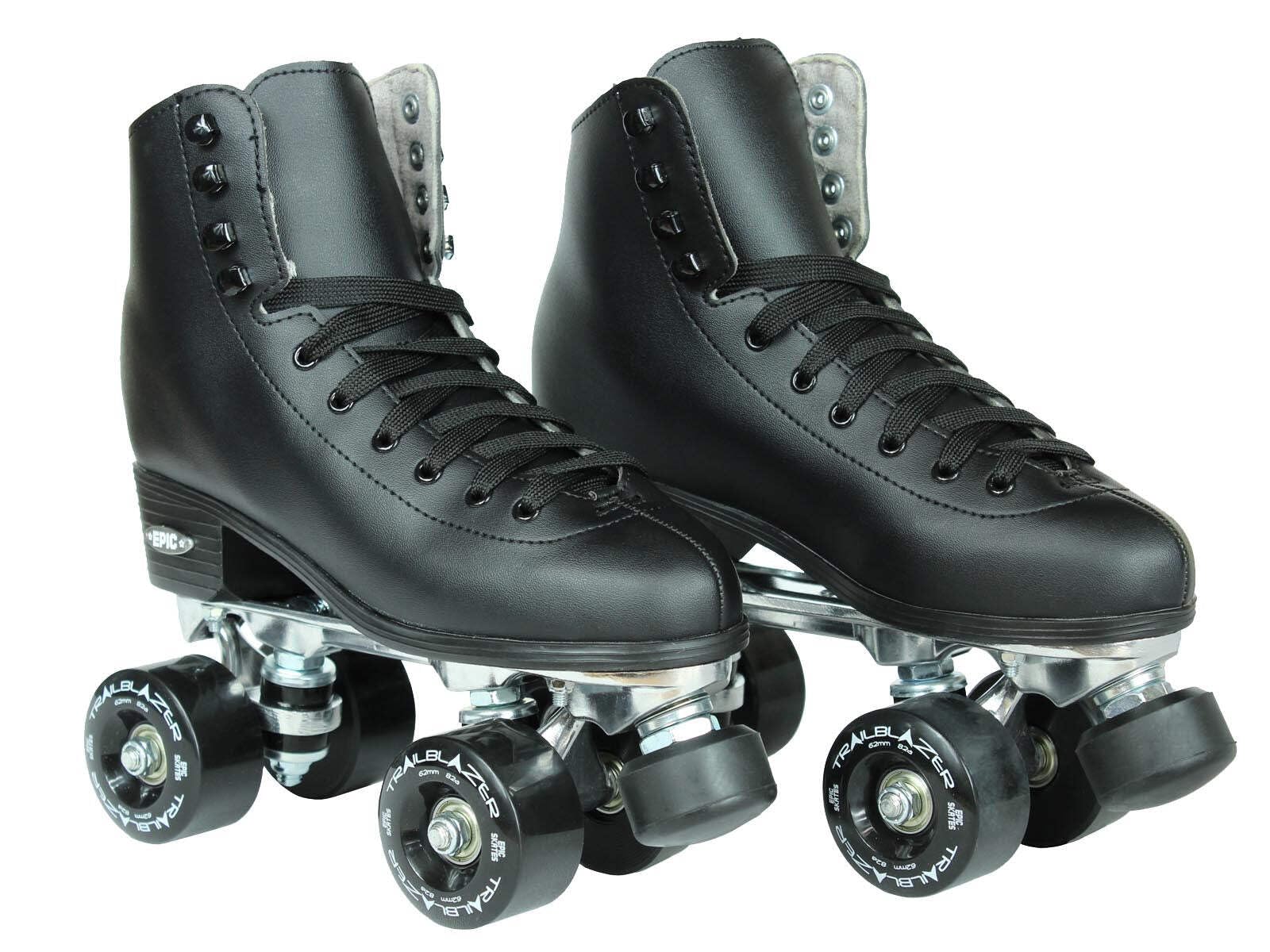 Epic Classic Solid Black High-Top Quad Roller Skates for Men - Size 7 with Carrying Bag, Extra Laces & Pom Poms | Retro Roller Derby, Dance Skating & Outdoor Rink Fun