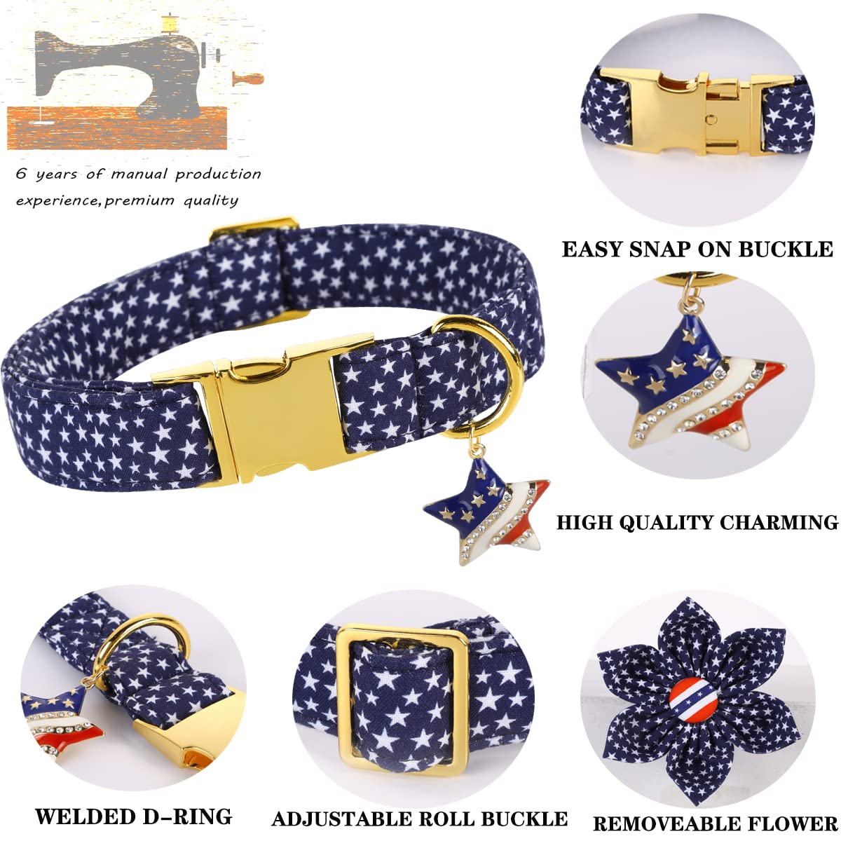 DOGWONG Patriotic American Flag Dog Collar with Flower Design - Comfortable & Durable Fourth of July, Memorial Day Pet Collar for Small, Medium & Large Dogs - Perfect for Independence Day Celebrations & Outdoor Adventures