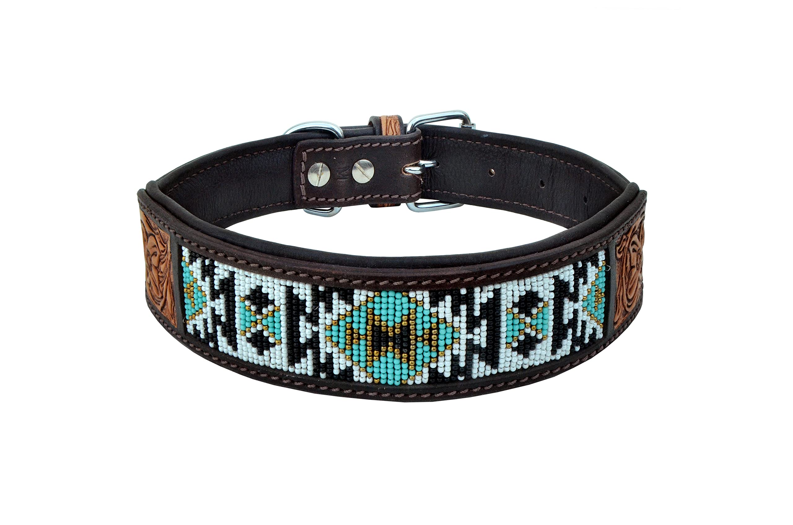Western Style Leather Dog Collar - Heavy Duty Hand Tooled Adjustable Beaded & Padded Soft Collar for Puppies & Large Dogs | Perfect for Training, Walks & Outdoor Adventures (10AB006)