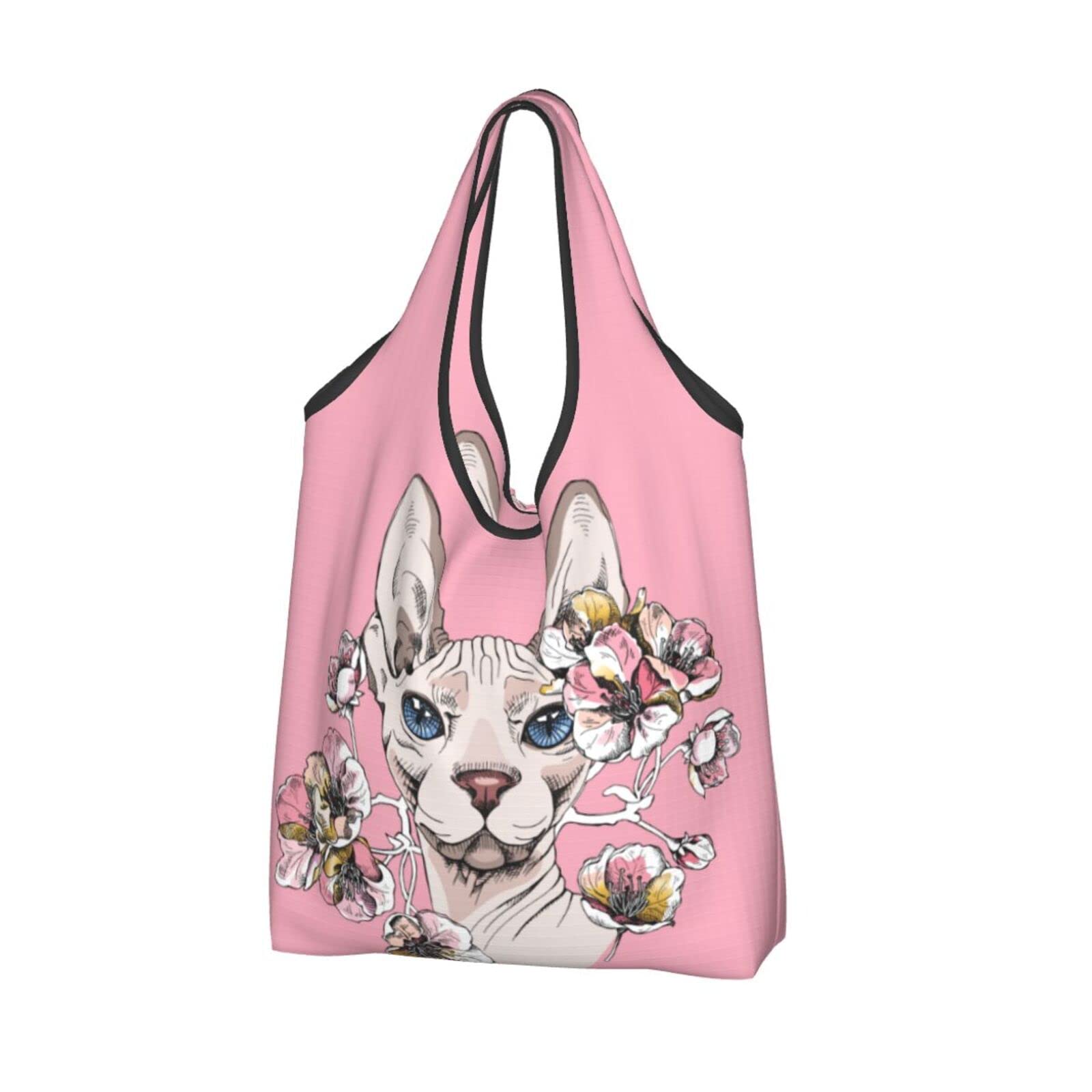 Stylish Sphynx Cat with Cherry Flowers Print Reusable Shopping Bag - Waterproof, Large, Foldable Grocery Tote for Women - Perfect for Grocery Shopping, Beach Trips & Farmers Market