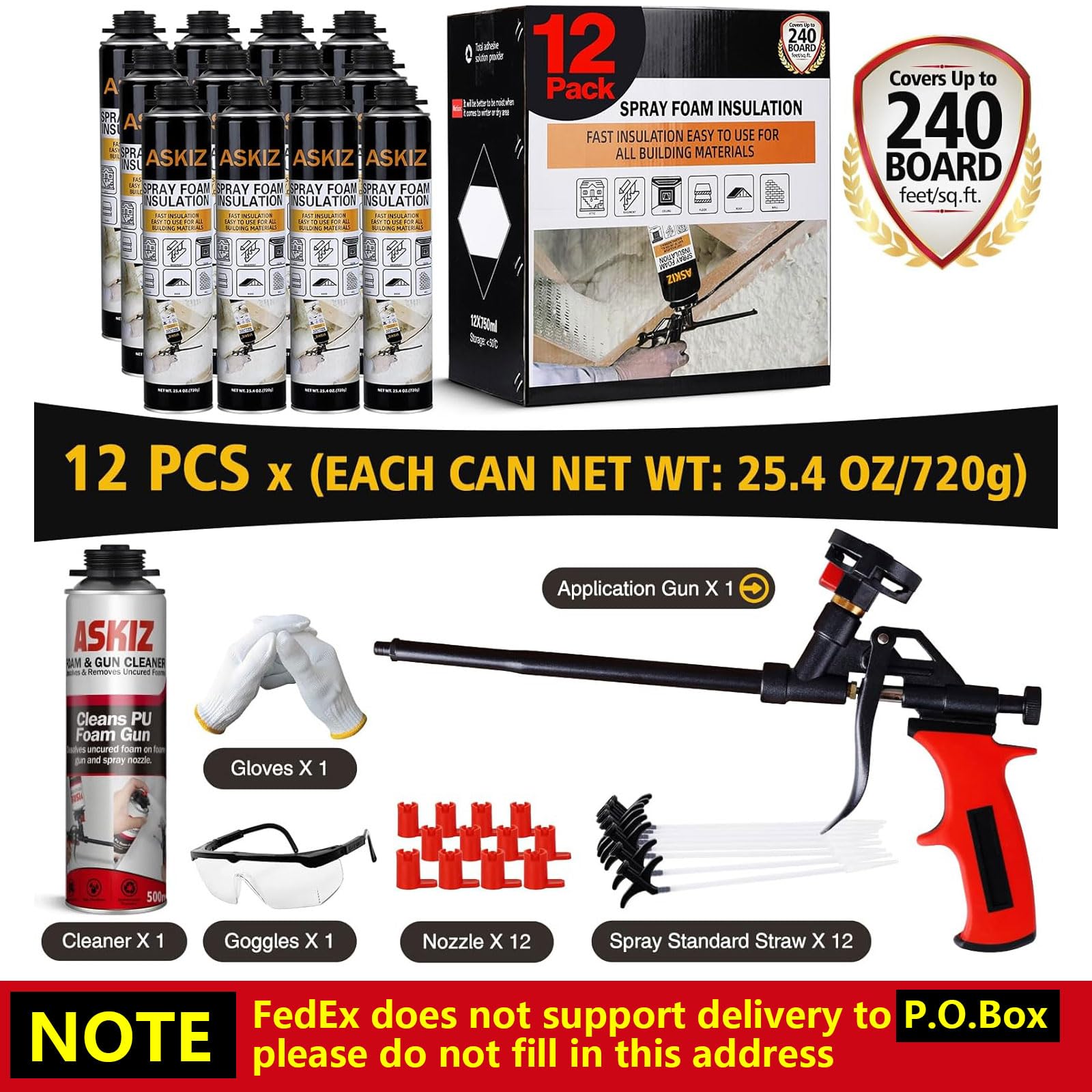 Closed Cell Spray Foam Insulation Kit - 25.4 oz Expanding Foam Sealant for Walls & Attics | Covers 240 Board Feet | Includes Spray Gun & Cleaner (12 Pack) | Soundproofing & Thermal Insulation for Homes, Garages & Basements