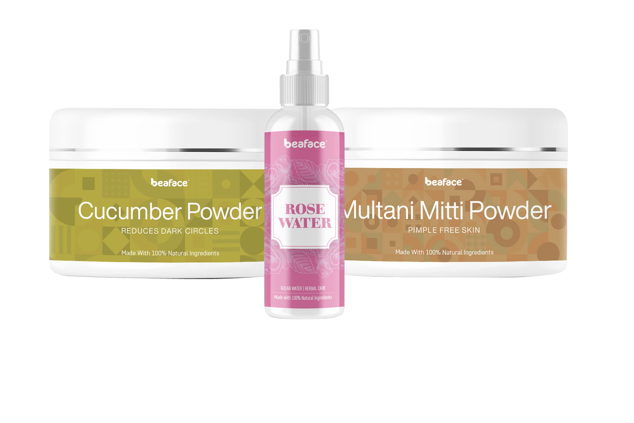 Beaface 3-in-1 Skincare Combo Pack: Cucumber Powder for Under Eye Care (100g), Multani Mitti Clay for Acne Treatment (100g), Rosewater Toner for Glowing Skin (100ml) - Perfect for Daily Facial Routine, Spa Day & Natural Beauty Regimen