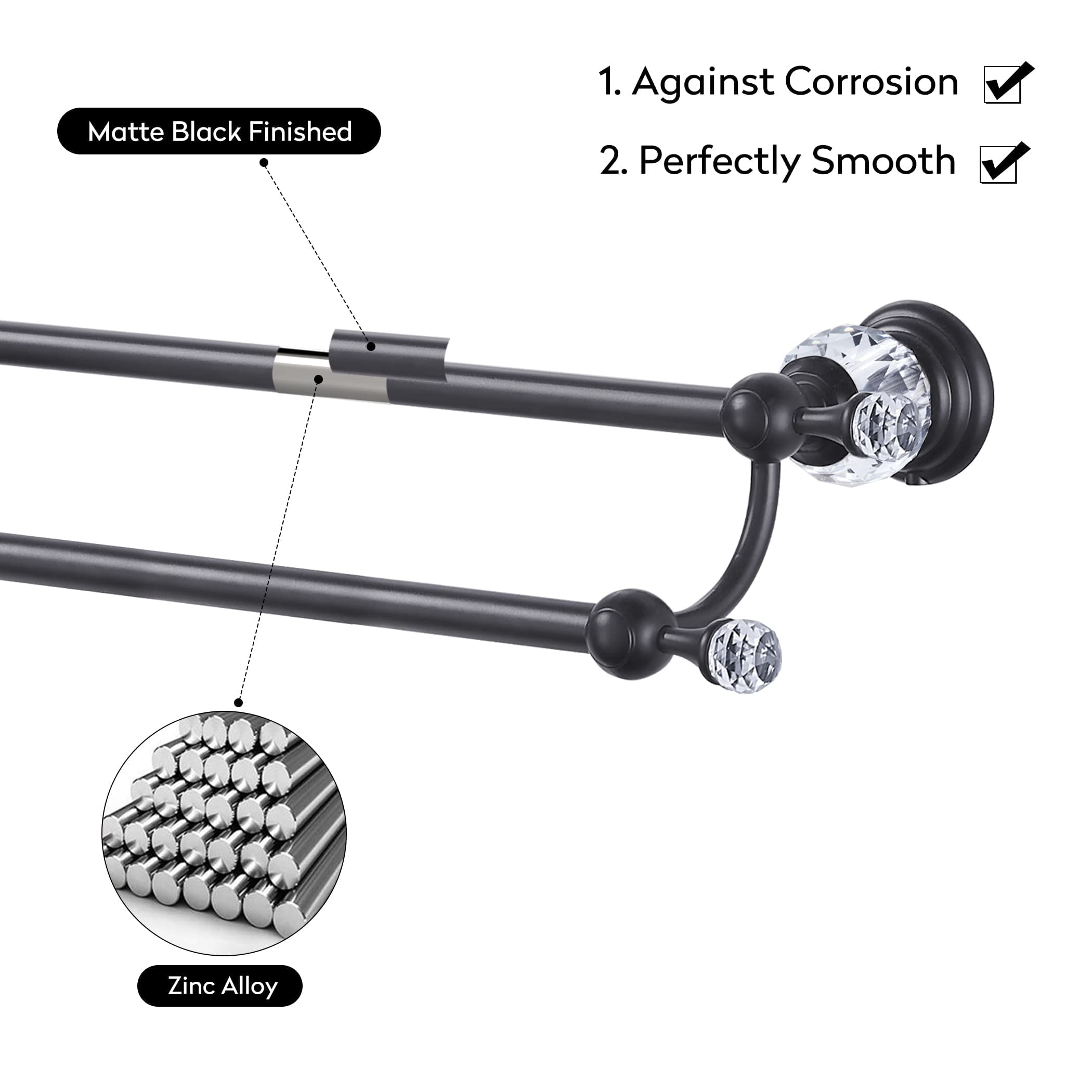 WINCASE Adjustable Double Matte Black Towel Rack - Wall Mounted Bathroom Towel Holder & Hanger for Showers, Baths & Spa Decor (Crystal Design)