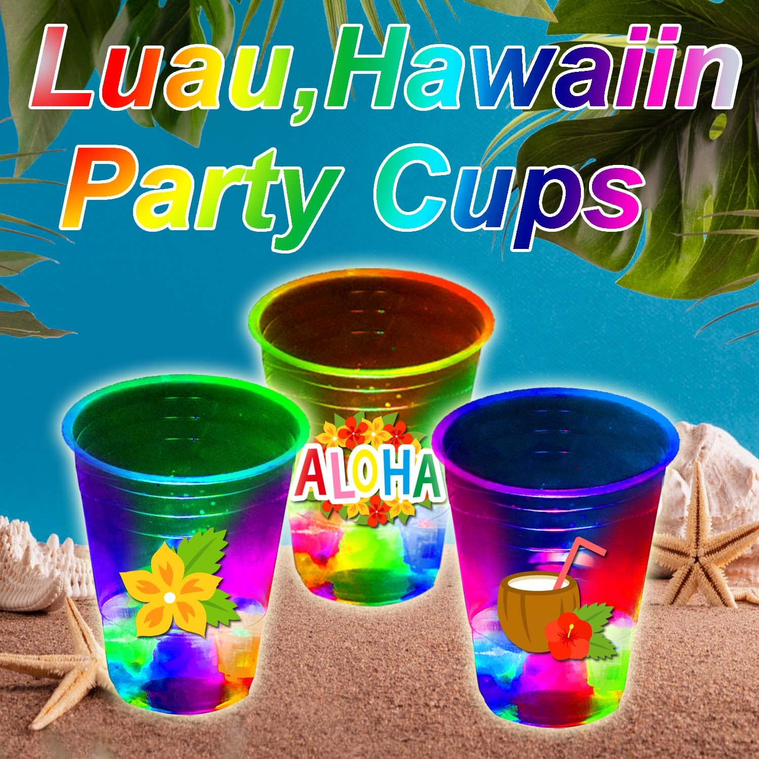 24-Pack Glow in the Dark Hawaiian Luau Party Cups | 16oz Flashing Tiki Cups with LED Lights | Tropical Themed Party Decorations | Perfect for Beach Parties, Luau Events & Summer Gatherings | Reusable Plastic Drinkware for Cocktails & Mocktails