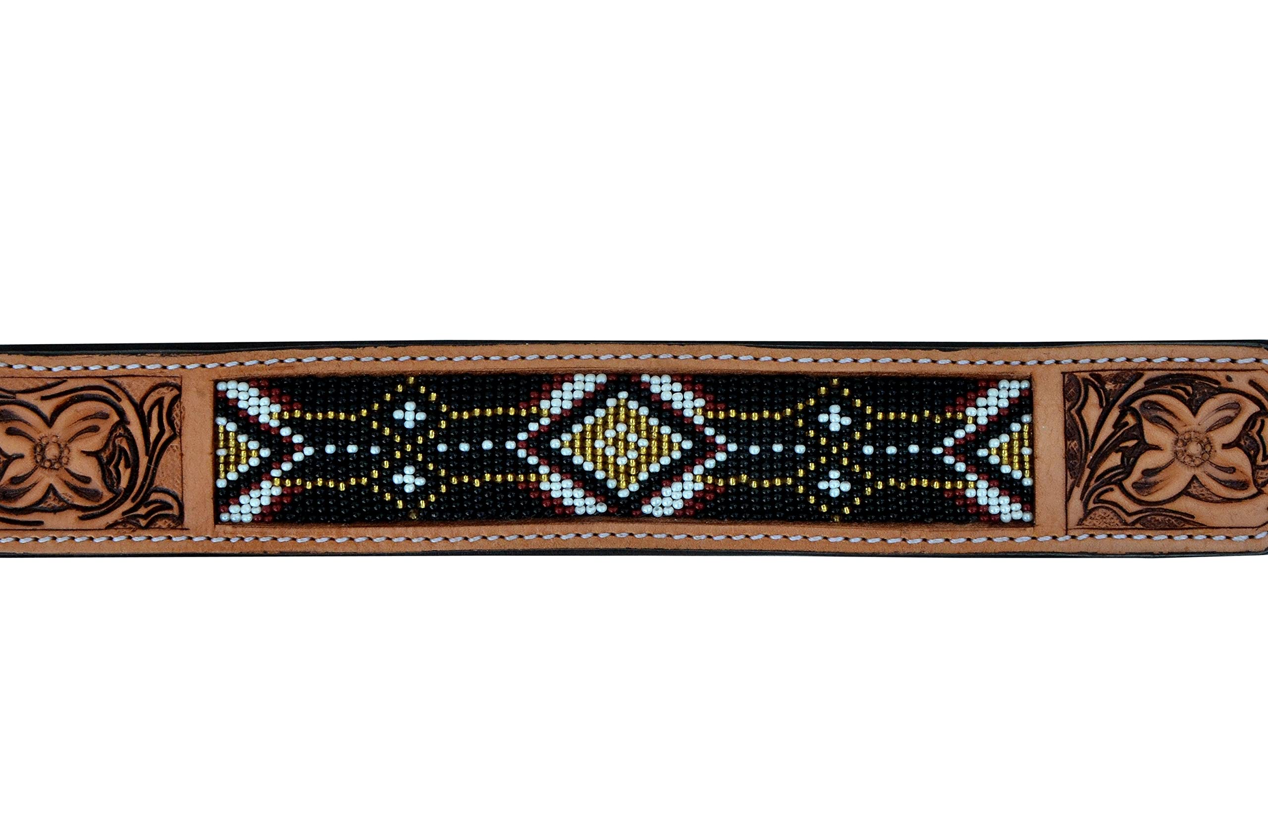 Western Beaded Leather Dog Collar - Heavy Duty Tooled Adjustable Pet Collar for Large Dogs - Perfect for Training, Walking, and Outdoor Adventures