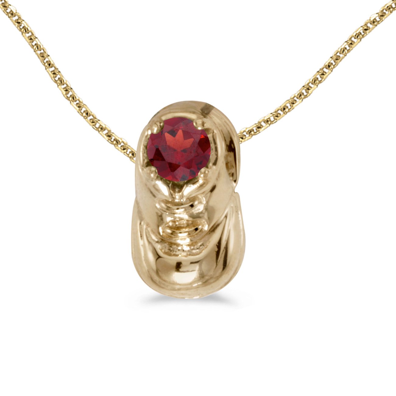 14K Yellow Gold Round Garnet Baby Bootie Charm Pendant Necklace with 18