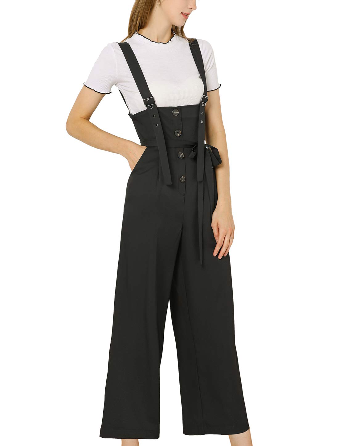 Allegra K Women's High Waist Wide Leg Belted Jumpsuit with Buttons - Casual Long Overalls for Work, Travel & Everyday Wear