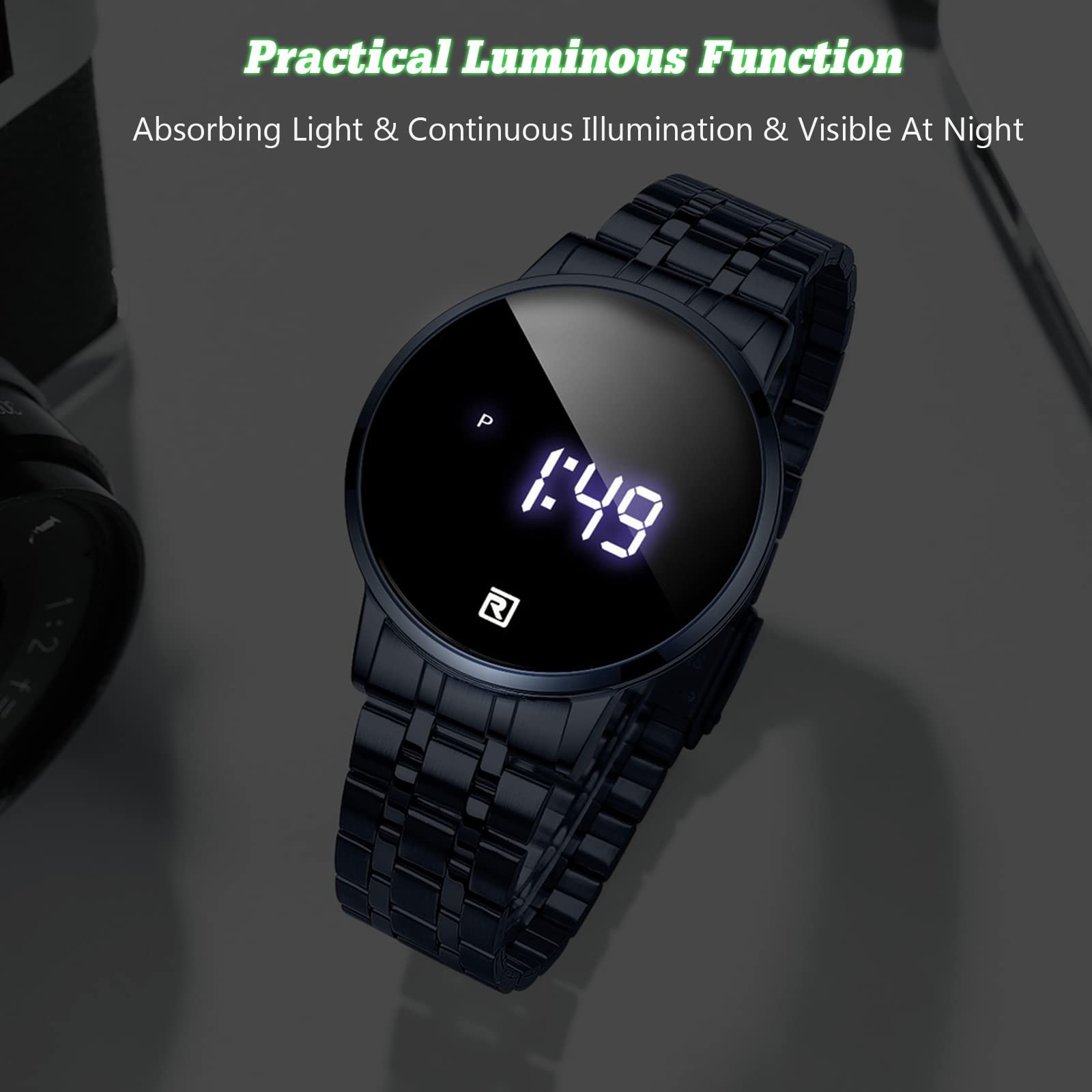 RORIOS Men's Digital Sports Watch - Touch Screen, Stainless Steel Strap for Running & Fitness