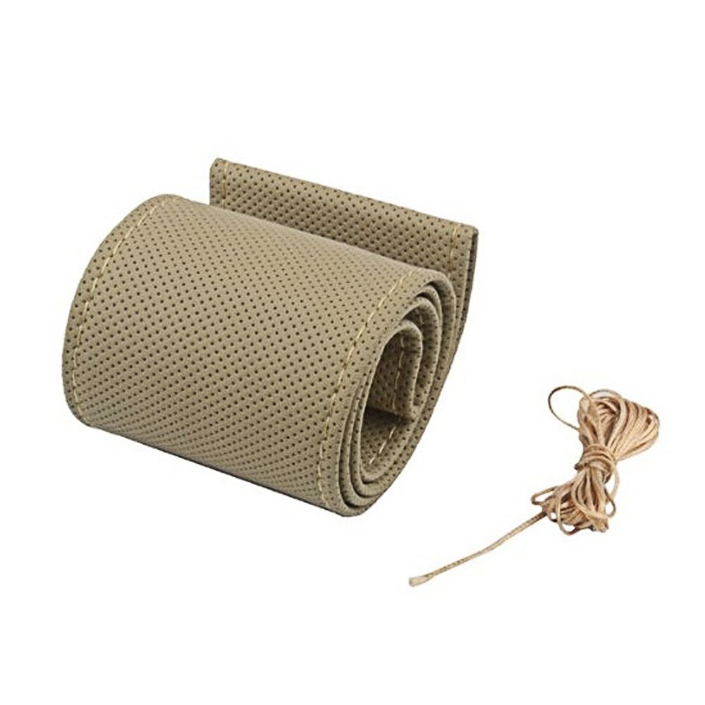 Universal Microfiber Leather Car Steering Wheel Cover - Anti-Slip 15 Inch Stitch-On Wrap with Needle & Thread (Beige) | Perfect for Comfort & Grip While Driving