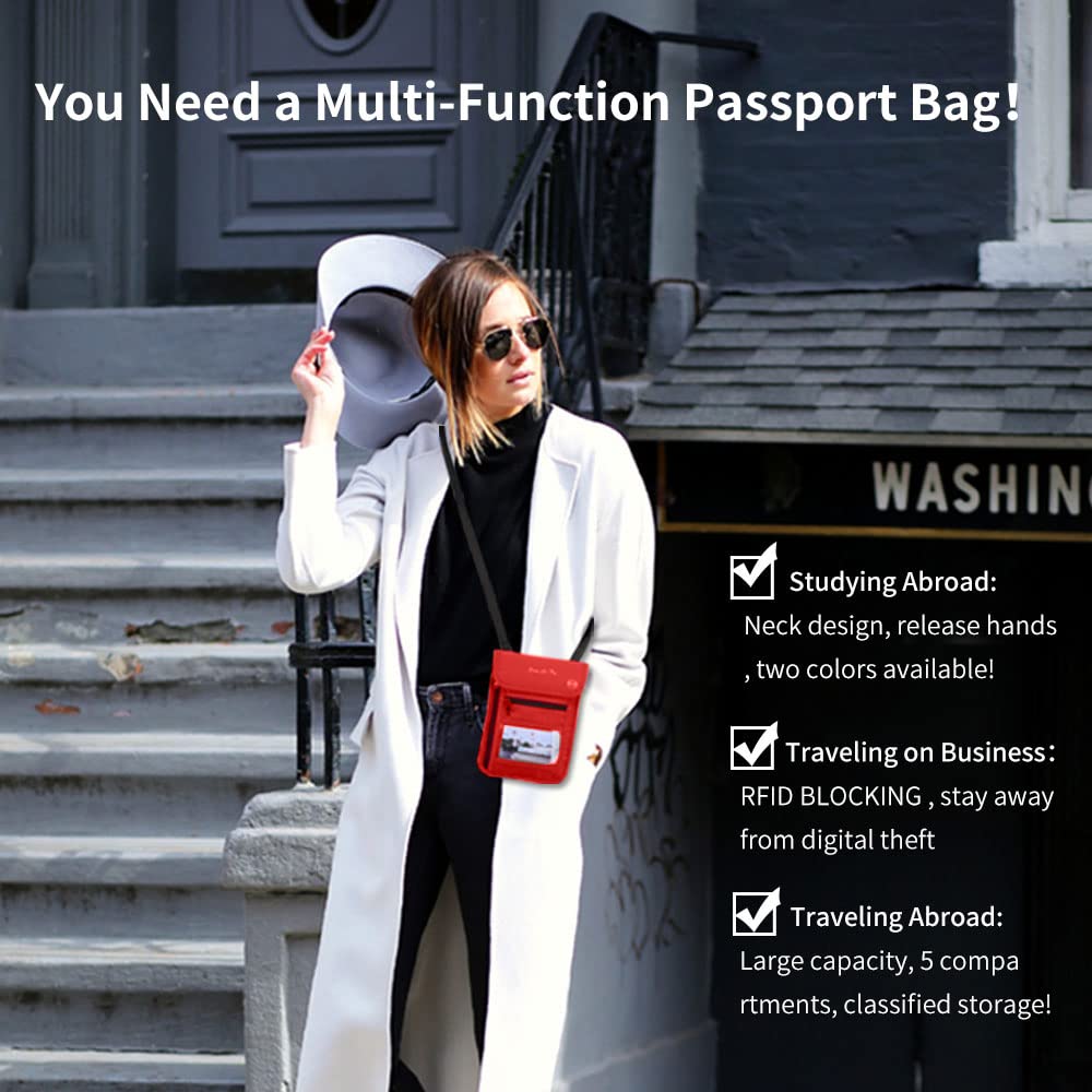 RFID Blocking Passport Holder with Visual Window - Waterproof Travel Wallet for Men & Women | Secure Document Organizer for Airports, Vacations & Business Trips | Red
