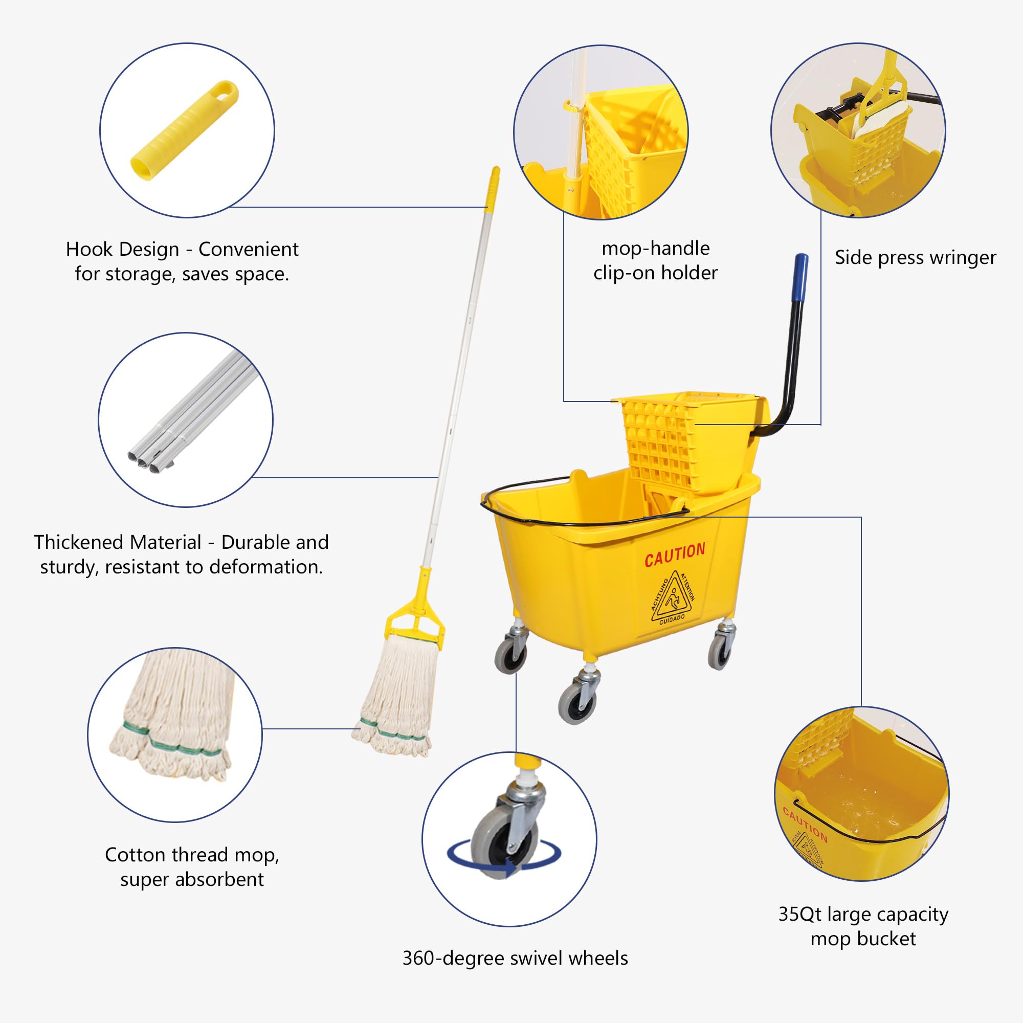 **35Qt. Side-Press Mop Bucket with Wringer on Wheels - Yellow Commercial Floor Cleaning System for Wet Mopping - Includes 24