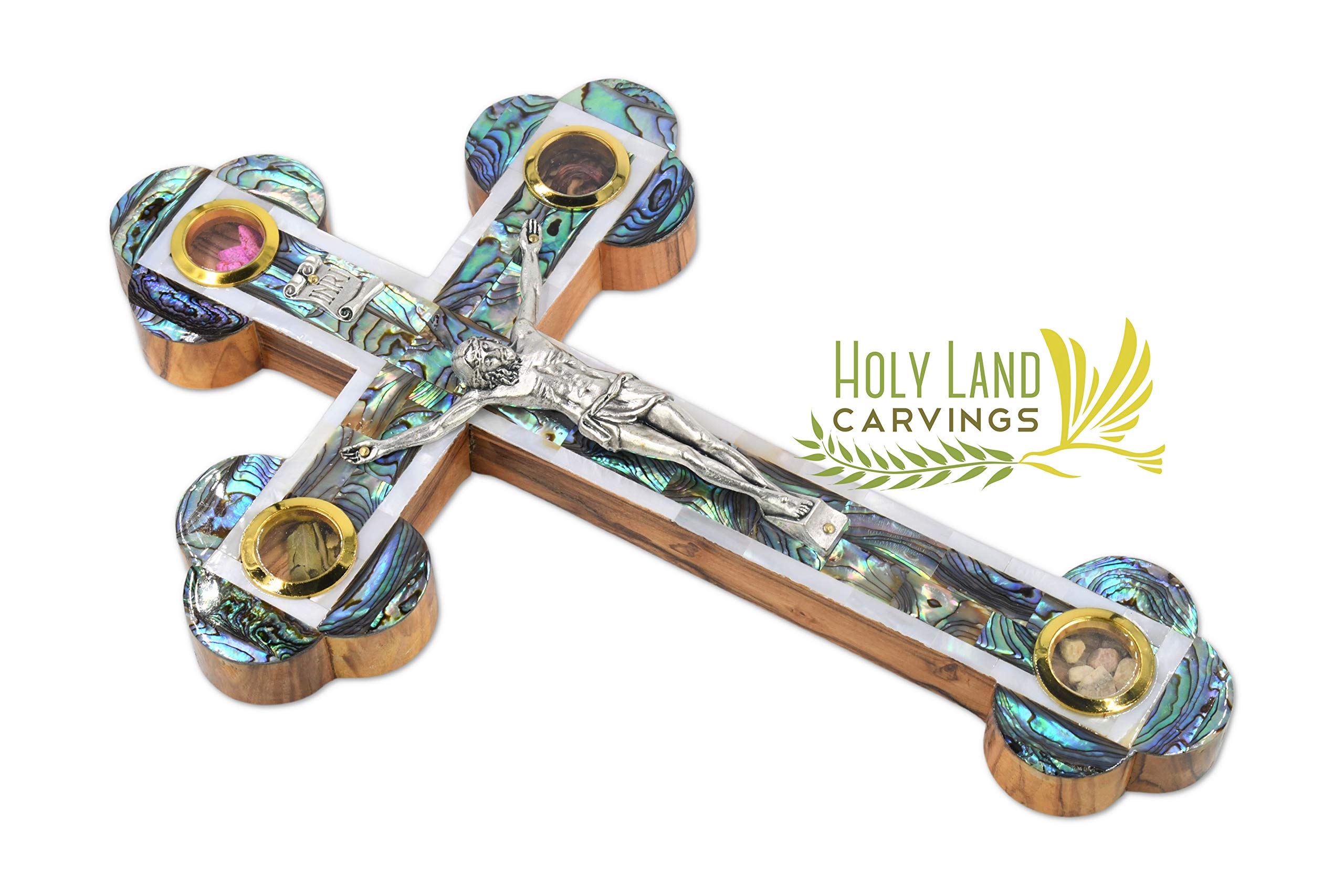 11 Inch Olive Wood Cross Wall Crucifix with Mother of Pearl Inlay - Handcrafted in The Holy Land - Includes 4 Glass Vials with Holy Relics, Incense, Flowers, Stones & Olive Leaf - Unique Easter Gift for Home Decor & Religious Devotion (11x7 Inches)