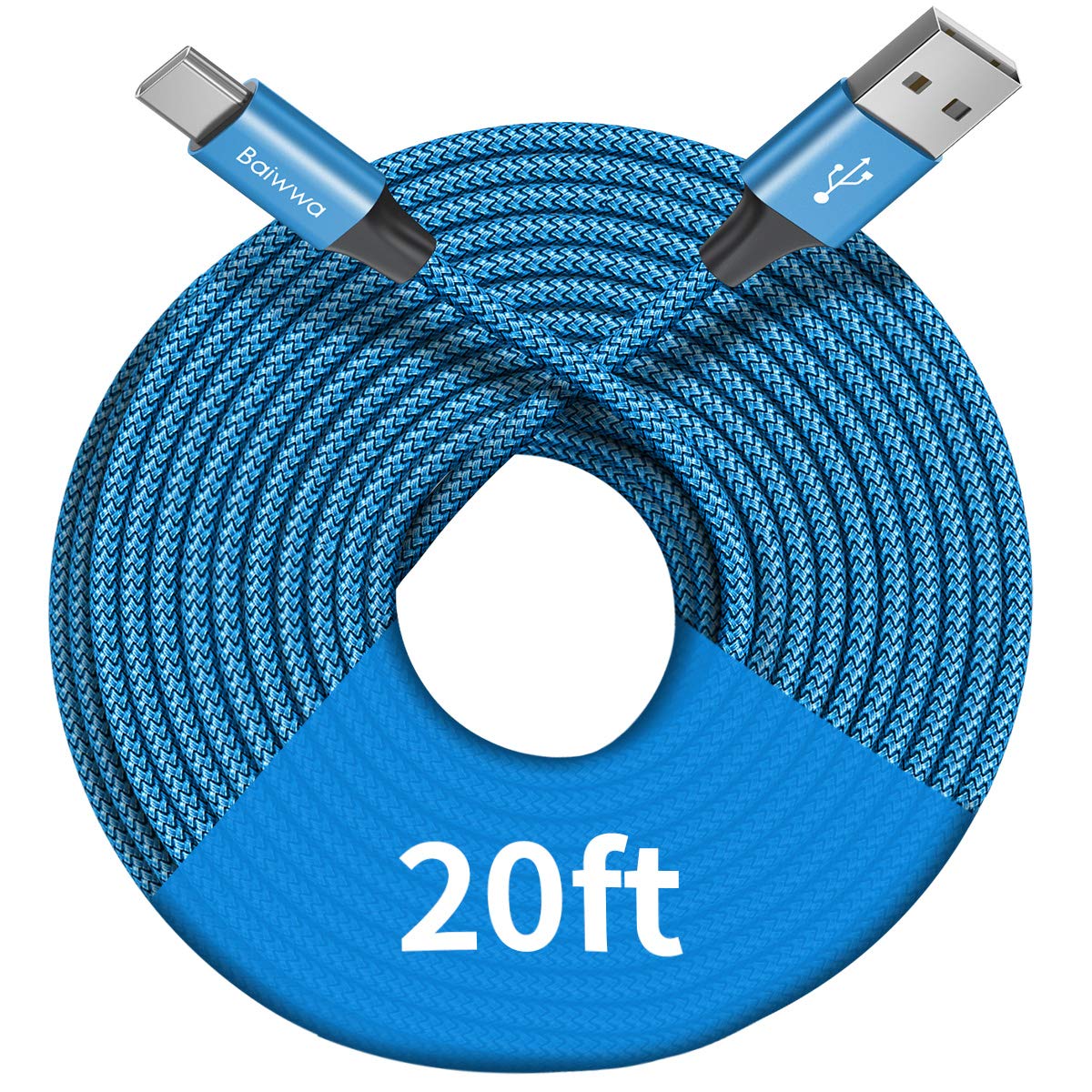 20ft/6m Extra Long USB C Cable - Baiwwa Premium Nylon Braided USB A to Type C Charger Cord - Fast Charging & Durable for Samsung Galaxy Note/Tab, Moto, LG, Pixel & More USB C Devices - Perfect for Home, Office & Car Charging Needs