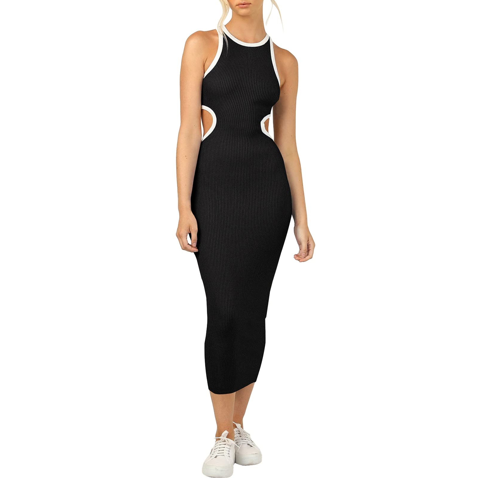 Sexy Mini Sun Dresses for Women - Sleeveless Cut Out Crewneck Hollow Backless Knitted Evening Dress | Perfect for Beach Vacations, Summer Parties & Date Nights