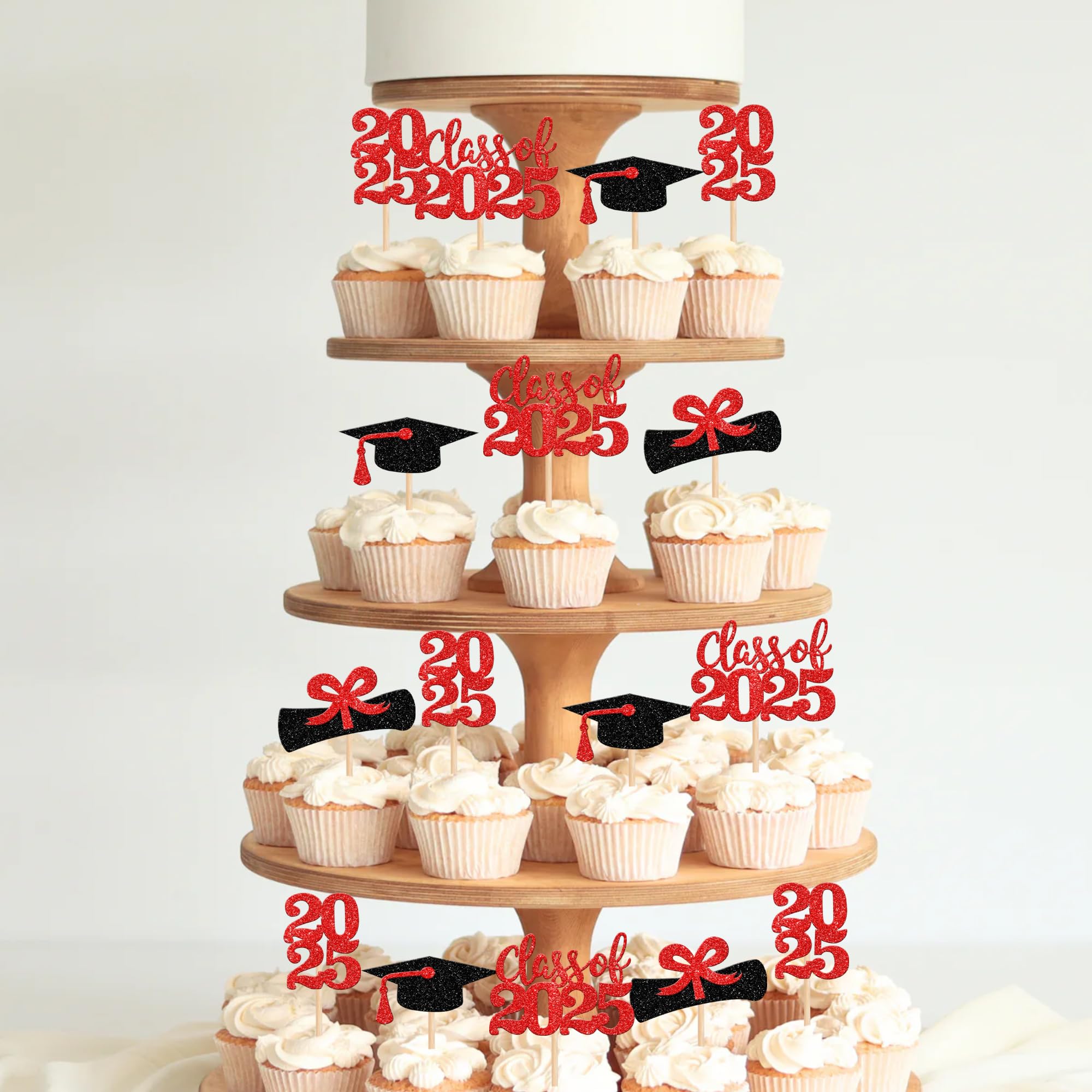 36 PCS 2025 Graduation Cupcake Toppers - Glitter Class of 2025 Caps & Diplomas Cake Decorations for Graduation Party Supplies (Red) - Perfect for Graduation Cakes, Cupcakes, and Dessert Tables