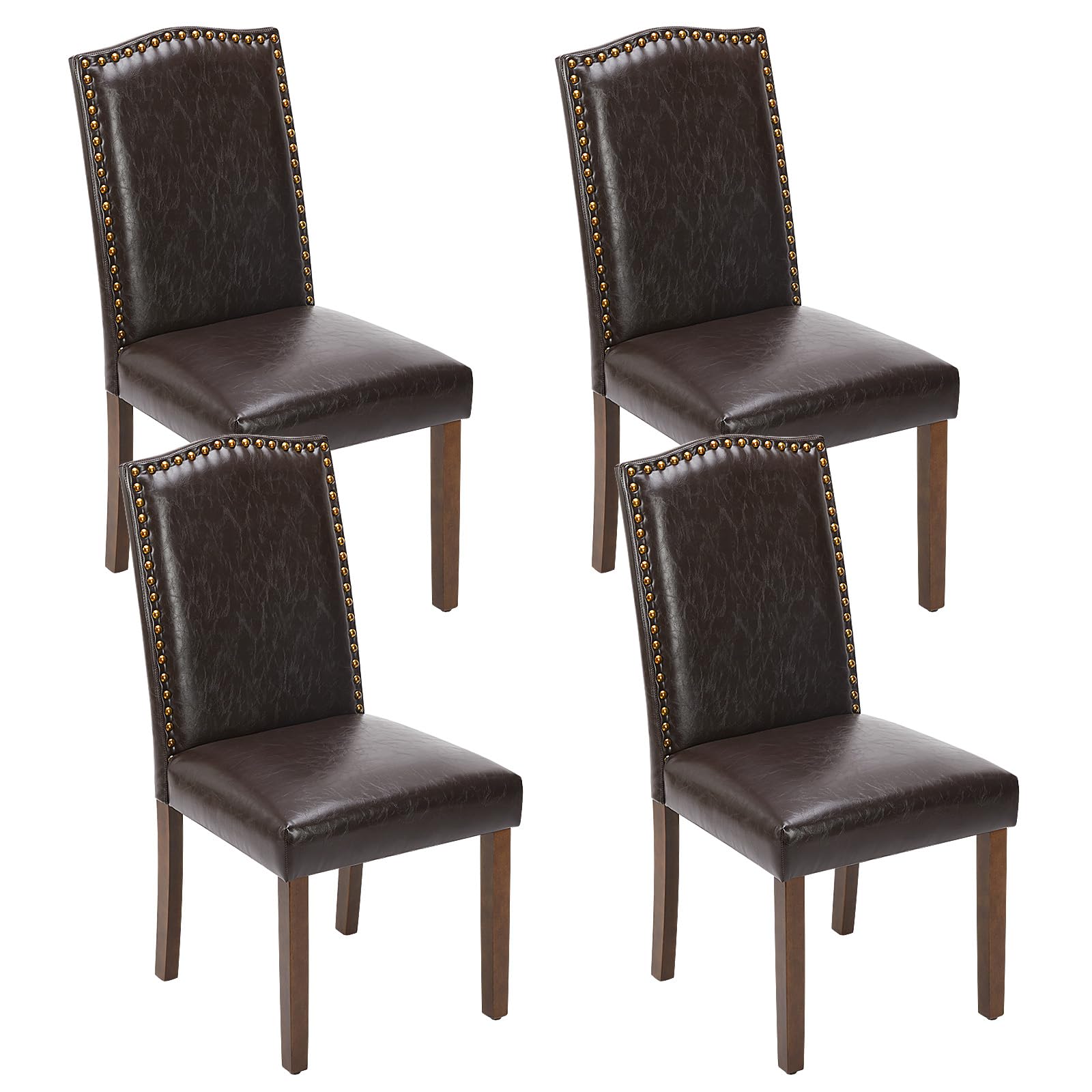 DUMOS 4-Piece PU Leather Dining Chair Set - Upholstered Parsons Chairs with Nailhead Trim & Rubber Wood Legs, Modern Kitchen Side Chairs for Dining Room, Living Room, Bedroom - Brown | Perfect for Home Decor, Family Gatherings & Small Space Dining