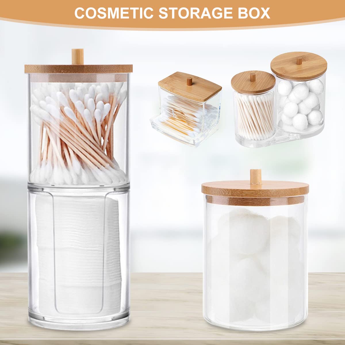 Premium Cotton Wool Pads & Q-tip Storage Box with Bamboo Lid - 2-in-1 Cosmetic Organizer for Bathroom & Dressing Table | Makeup Container, Cotton Swab Dispenser & Ear Bud Jar for Home & Salon Use