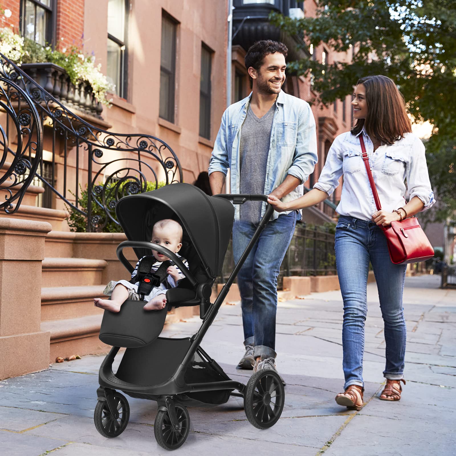 INFANS 2-in-1 Convertible Baby Stroller | Lightweight Aluminum Frame & One-Hand Quick Fold | Adjustable Canopy & Footrest | Large Storage Basket | 5-Point Safety Harness (Black) - Perfect for Newborns, Toddlers, Travel, Shopping & Outdoor Walks